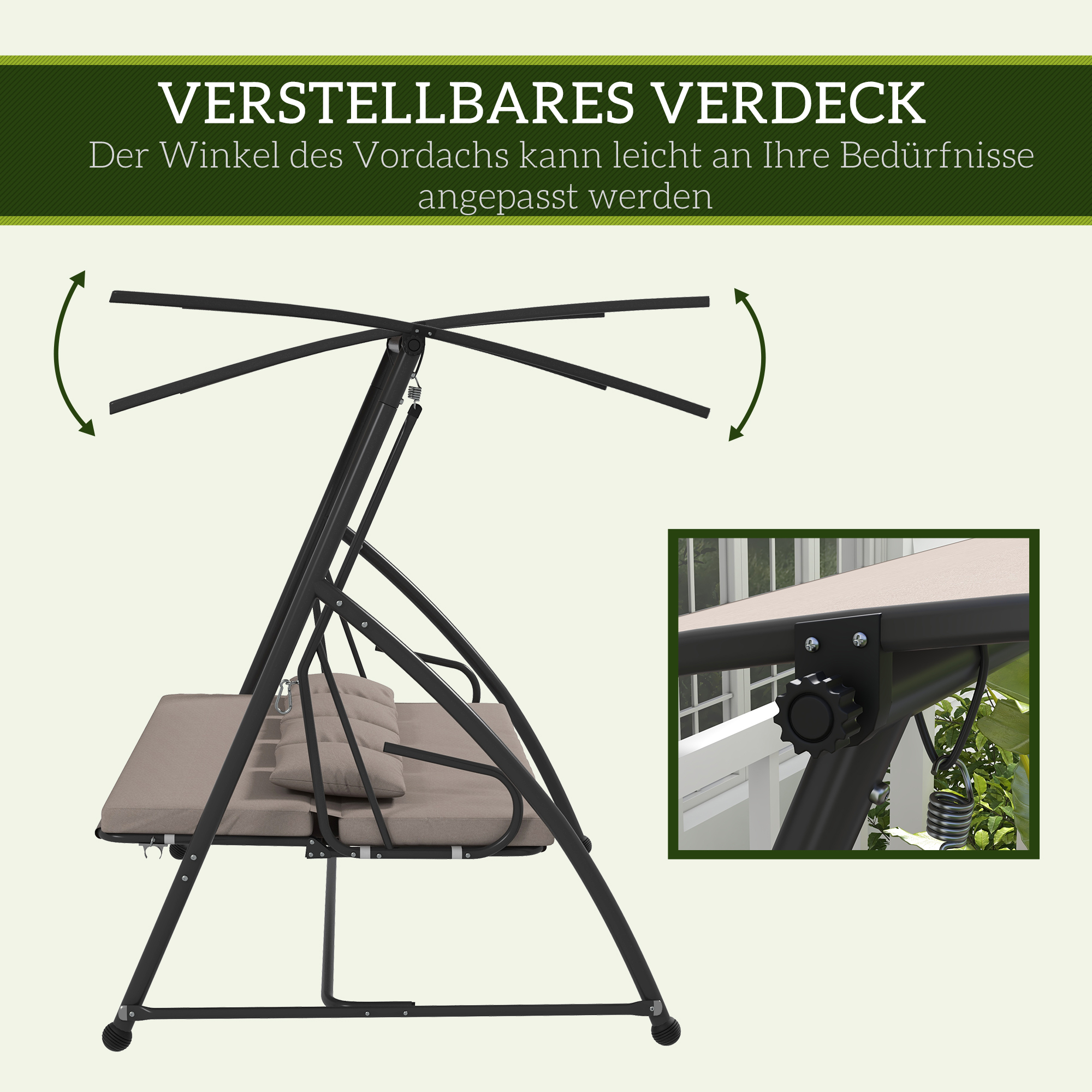 2-in-1 Hollywood schommel met Ligfunctie, 3-zits Tuinschommel van Staal 170x110x153cm, Lichtbruin