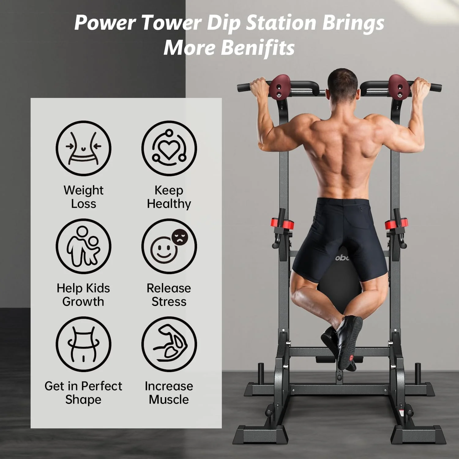 Power Tower Dip Station, Pull-Up Bar, Supine Board, Adjustable