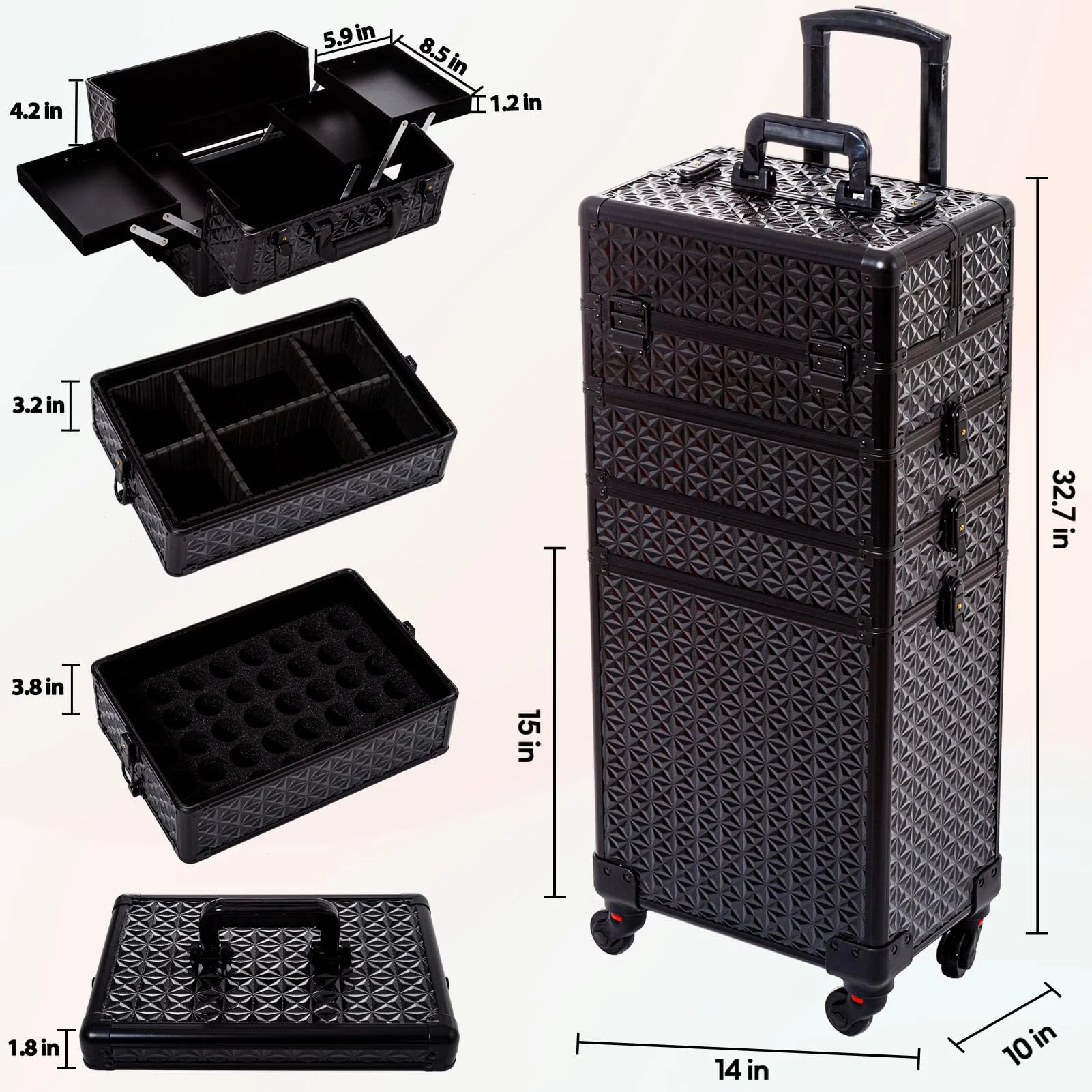 AROUS 5 in 1 Professional Makeup Train Case with 360° Swivel Wheels