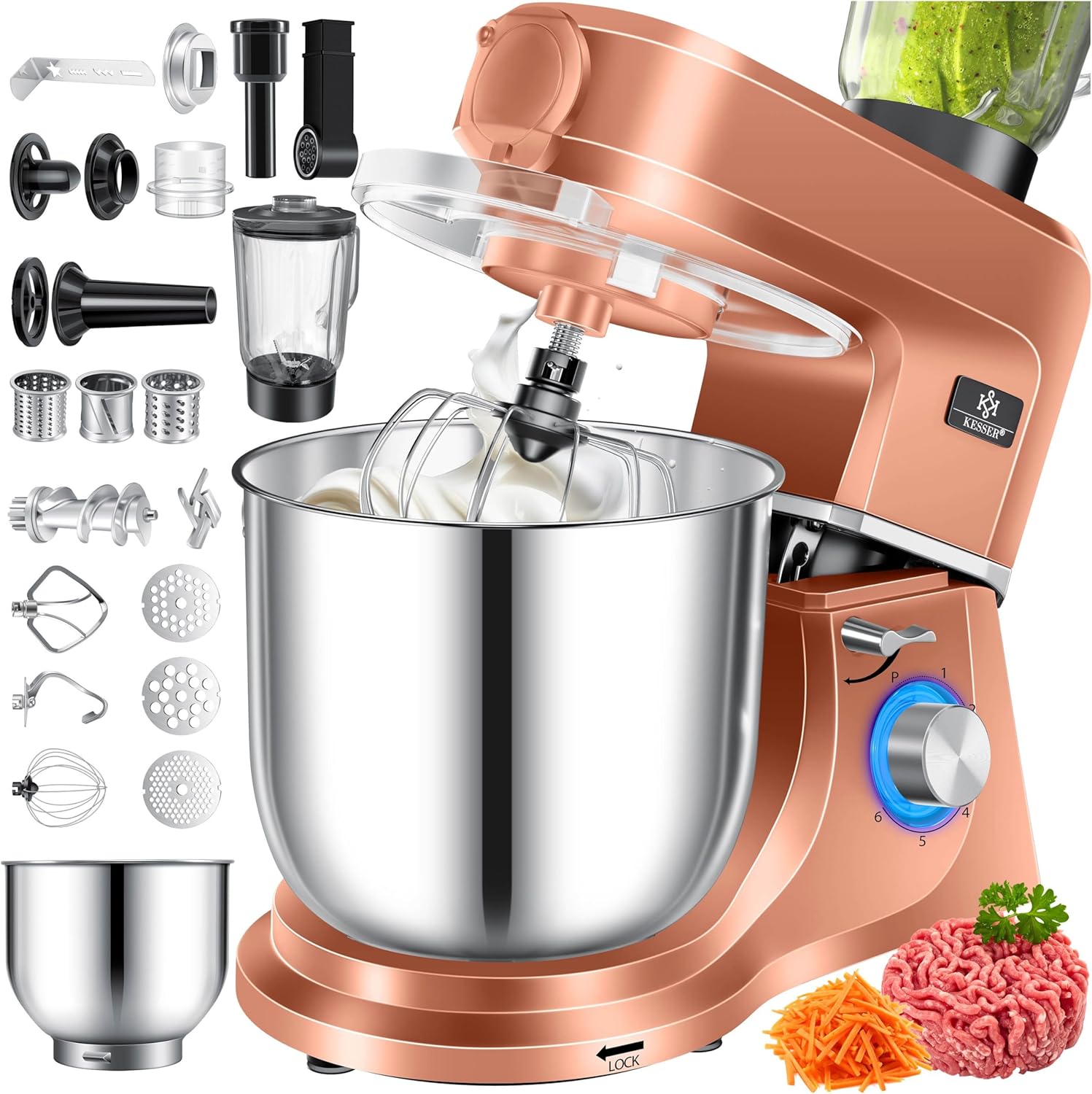 KESSER® Küchenmaschine 3in1 mit Fleischwolf & Mixer, 1500W Knetmaschine 5,5L Rührschüssel + Spritzschutz, 6 Geschwindigkeiten, Knethaken, Schneebesen, Rührhaken & Raspeln, Backen & Kochen, Kupfer