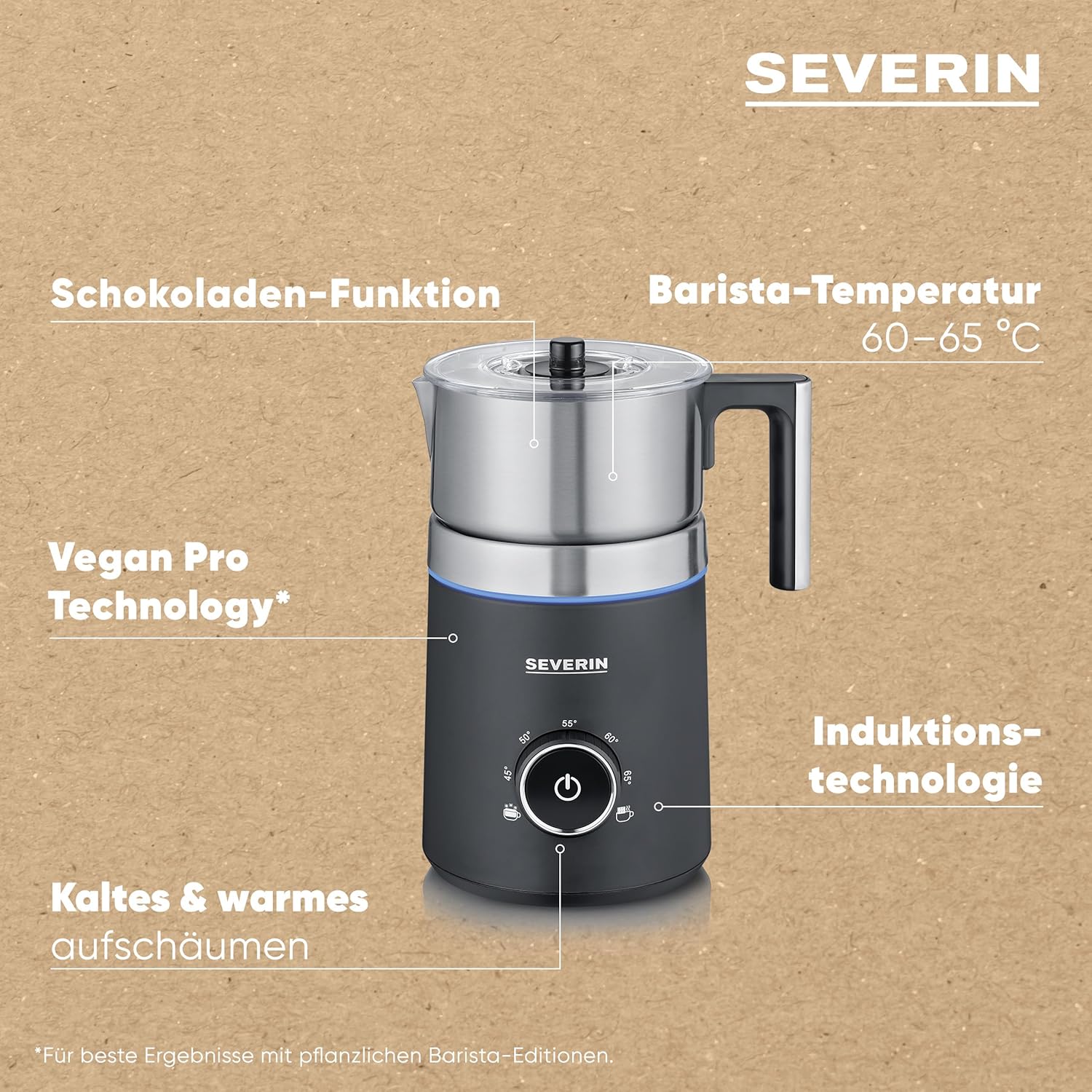 SEVERIN SPUMA 700 Induktions-Milchaufschäumer, elektrischer Milchaufschäumer ohne Anbrennen, spülmaschinengeeigneter Milchschäumer, Edelstahl-gebürstet/schwarz-matt, SM 3586