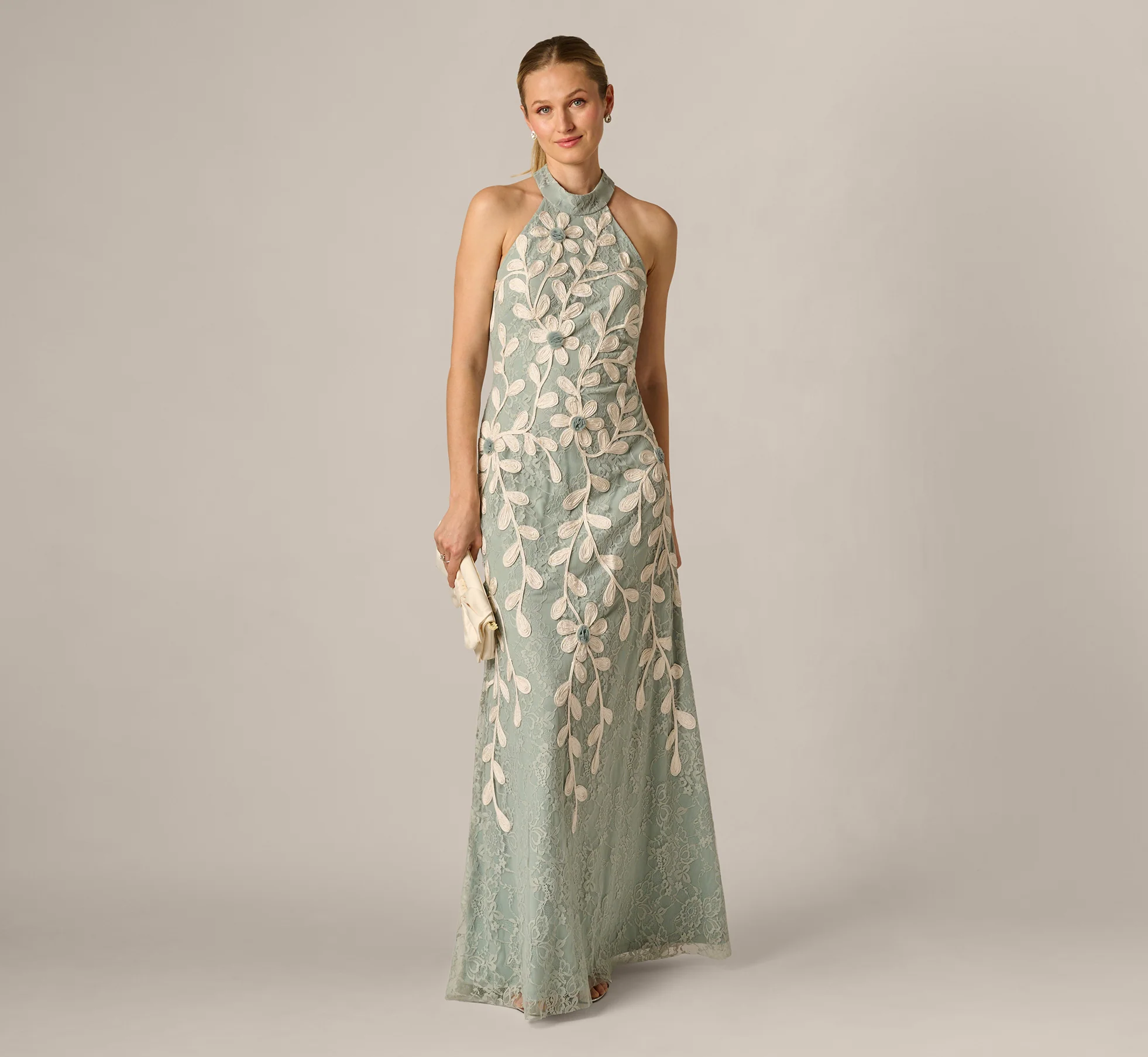 Lace Soutache Embroidery Halter Gown