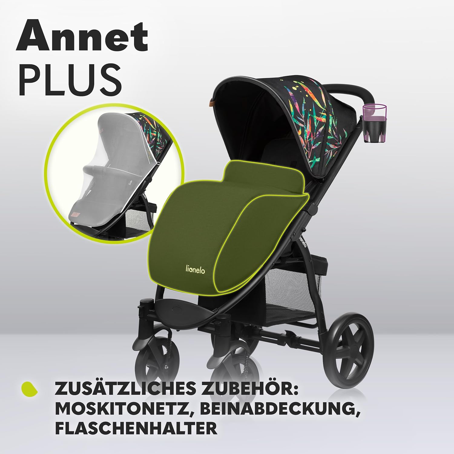 LIONELO Annet Plus Buggy bis 22 kg mit Liegefunktion, Kinderwagen klein zusammenklappbar mit Zubehör, Eva-Schaum-Räder, Moskitonetz, Fußdecke Getränkehalter, Korb