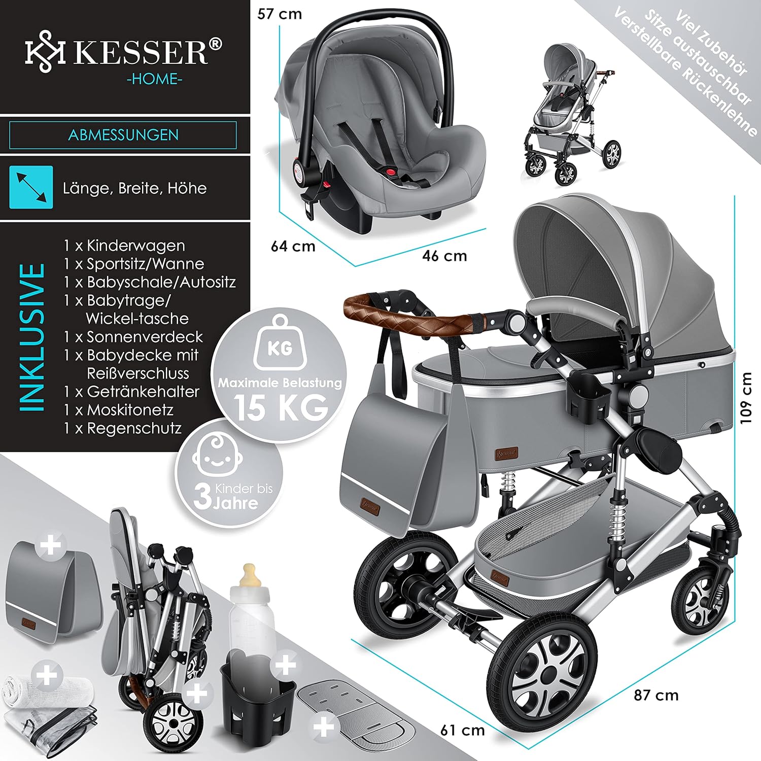 KESSER® Loops 3 in 1 Kinderwagen Kombikinderwagen Komplett-Set inkl. Babywanne & Buggy Sportsitz & Auto-Babyschale Voll-Gummireifen Wickeltasche Regenschutz Kindertisch ECE R129, Schwarz/Champagne