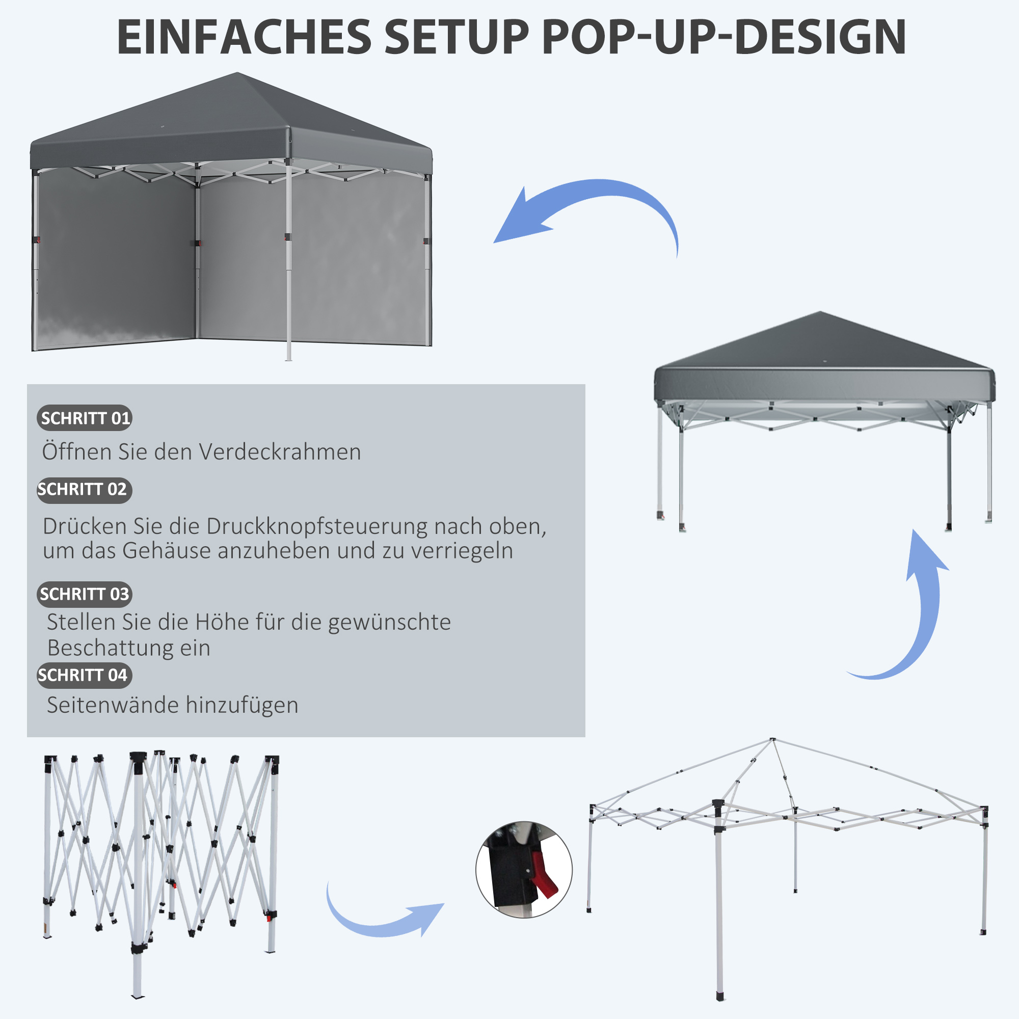 Opvouwbare paviljoen met 2 zijwanden, verstelbare hoogte, inclusief draagtas, roestvrij stalen frame, 3x3 m, Donkergrijs