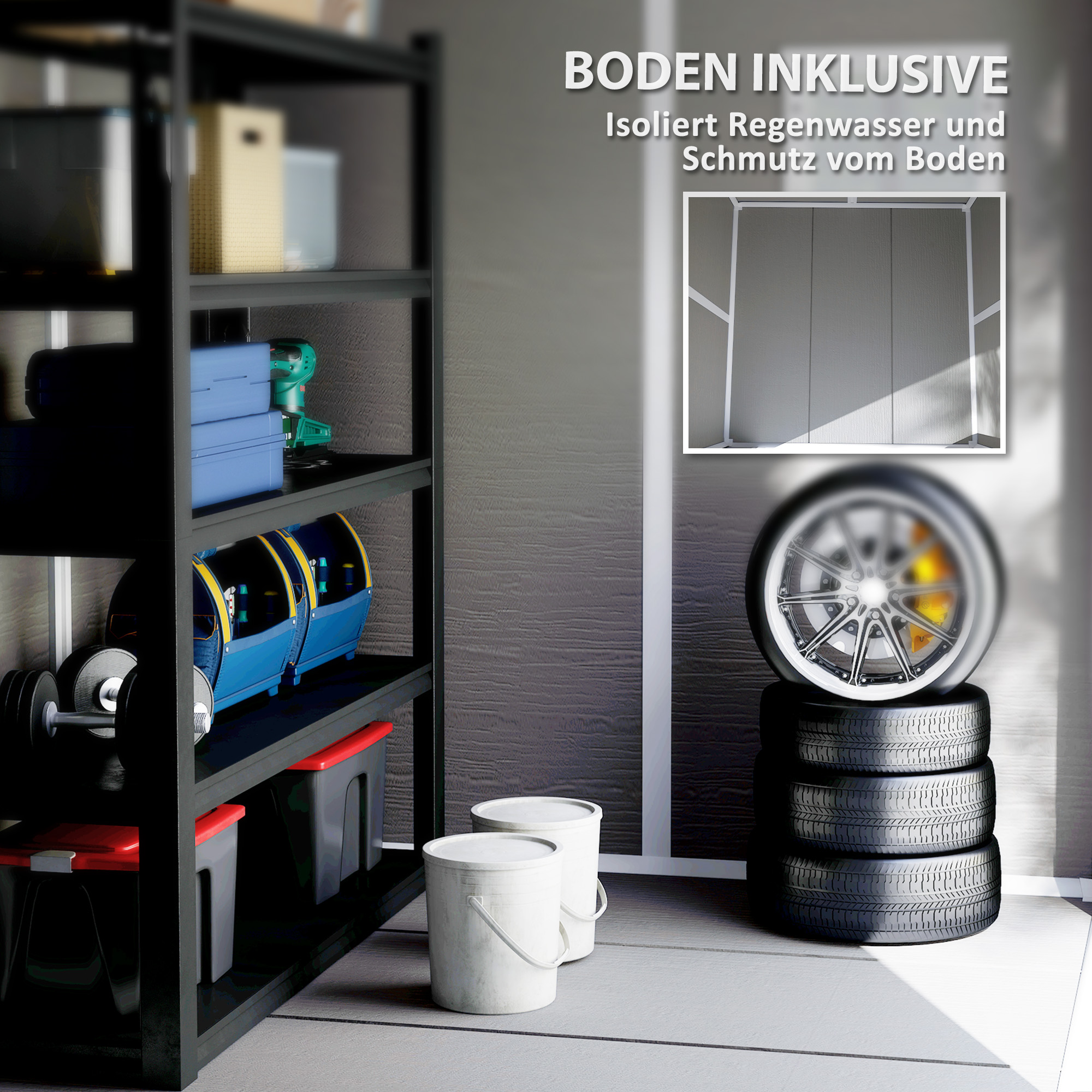 Outsunny Tuinschuur, Gereedschapsschuur met Bodem, Afsluitbare Deuren, Ventilatieopeningen, Venster, Houtlook, Kunststof, Grijs