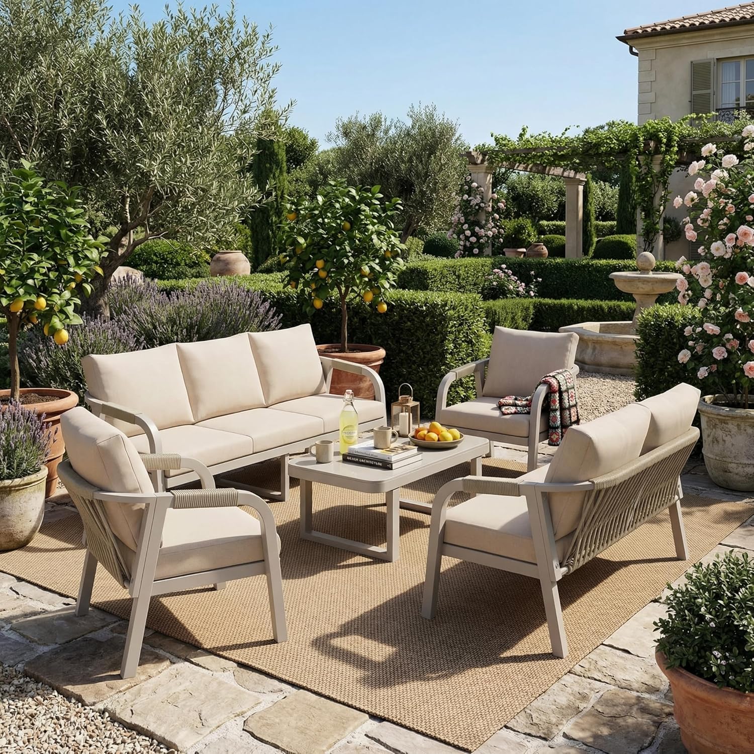 Gartenmöbel Set Lounge Möbel Outdoor für 7 Personen, Terrassenmöbel Balkon Möbel Set mit Gartensofa und Couchtisch, Sitzgruppe Outdoor Gartenlounge Set mit Sitzkissen, Verzinktem Eisen, Beige