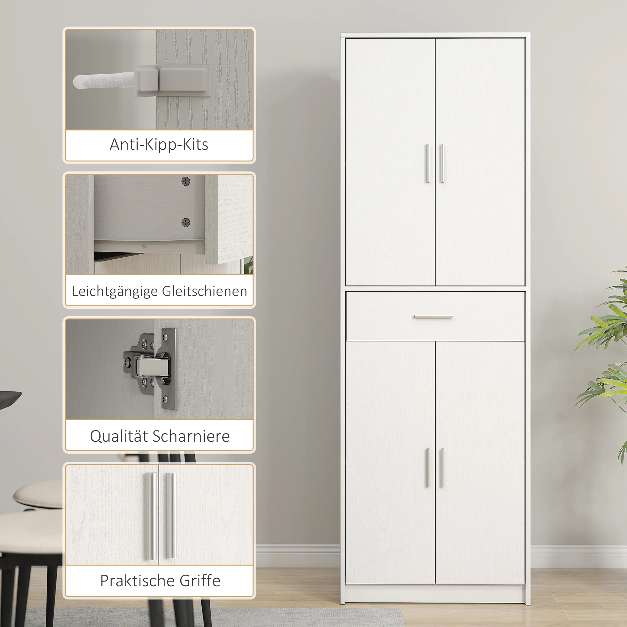 HOMCOM Keukenkast, 3-traps verstelbare planken, Spaanplaat, MDF, veel opbergruimte, Wit