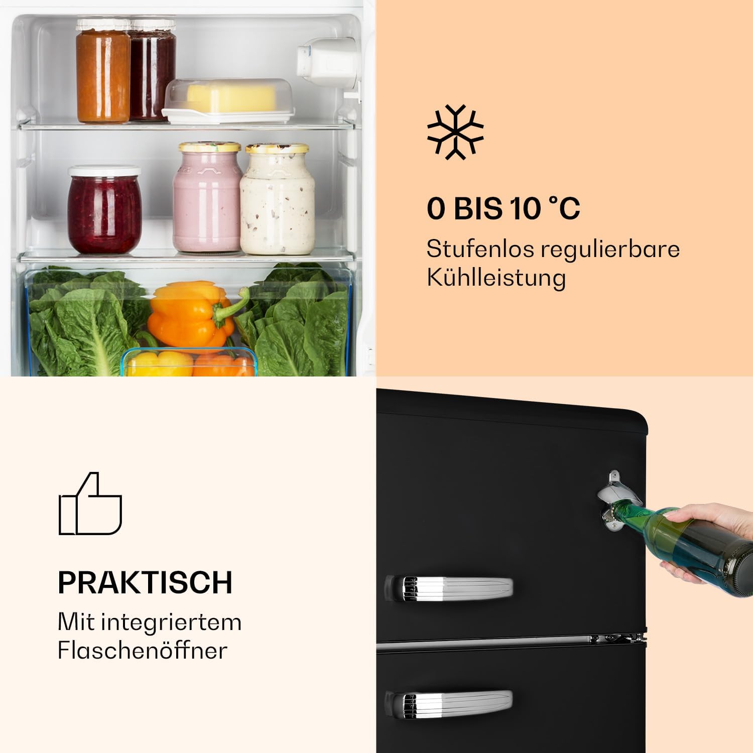 Klarstein Irene - Kühl-/Gefrierkombination, Retro-Kühlschrank, 61-Liter-Kühlschrank, 25-Liter-Gefrierschrank, 40 dB leise, 2 Kühlstufen, 2 Türablagen, für kleine Familien und Singles, Schwarz