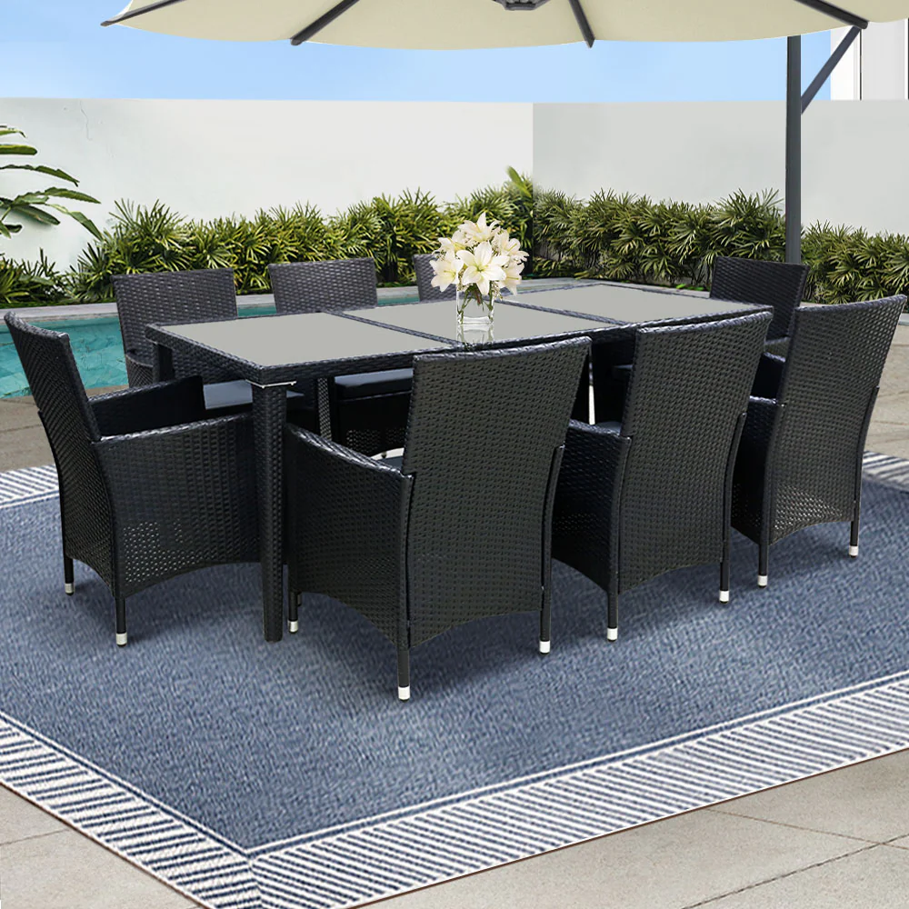 Gardeon 9-Piece Outdoor Dining Set Wicker Lounge Black