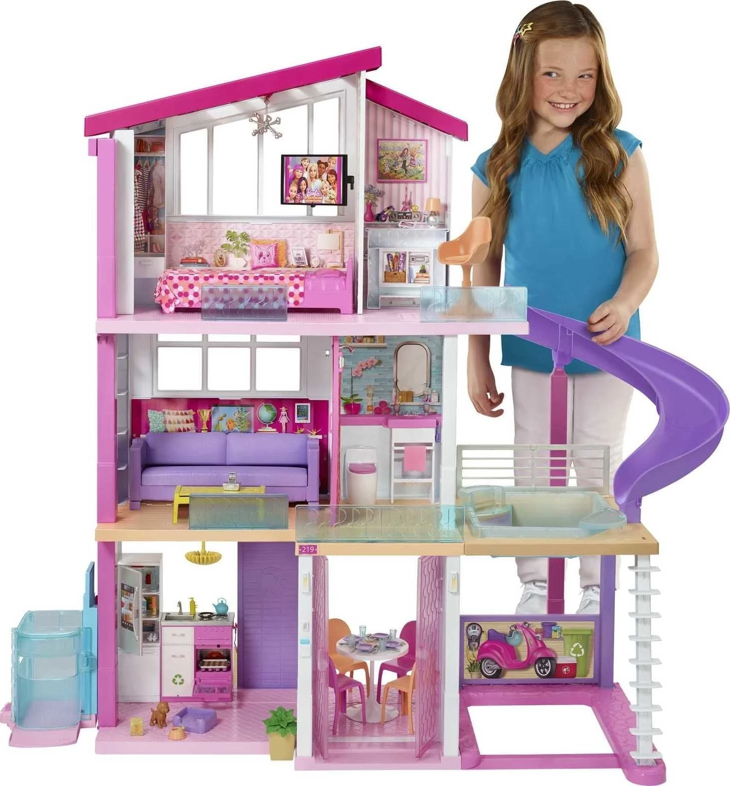 Barbie DreamHouse Dollhouse with elevator, pool, lighting and over 70 accessories – 3-story playset