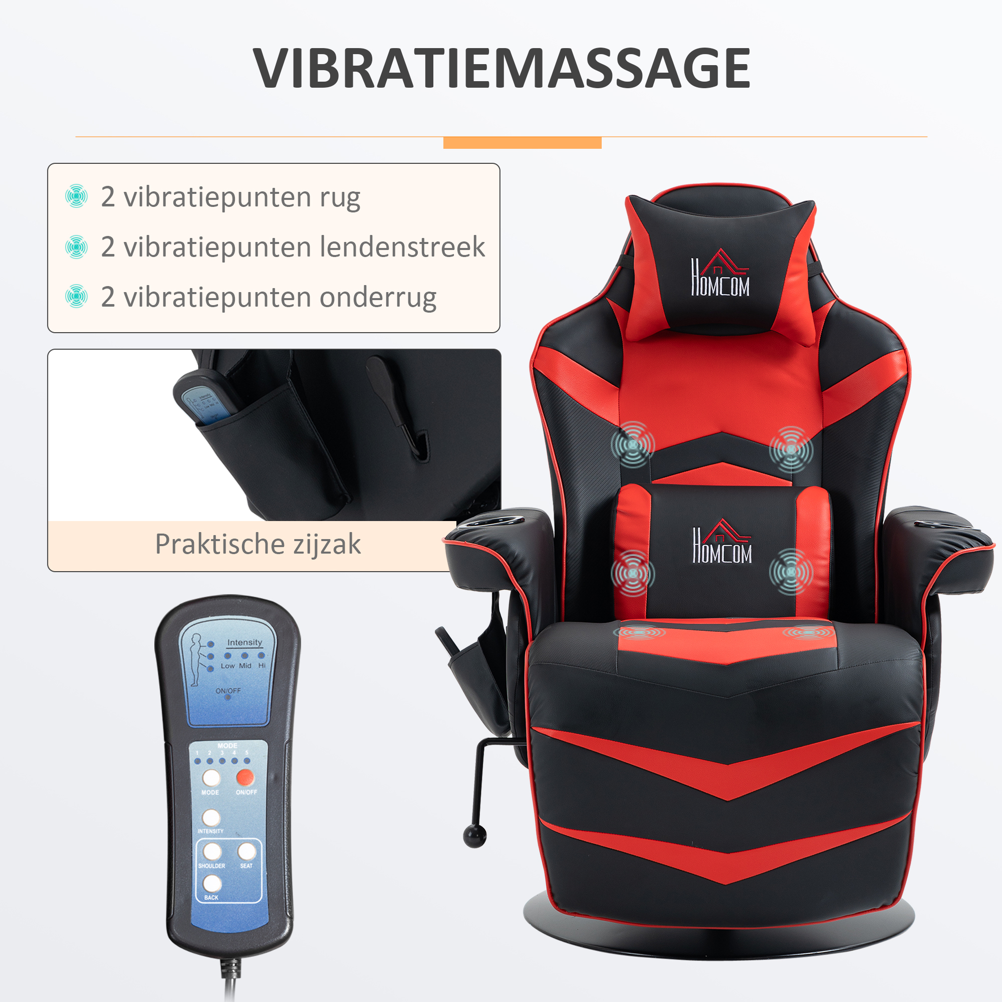 Gaming-stoel met massagefunctie, inclusief voetensteun, ligfunctie, rood + zwart.