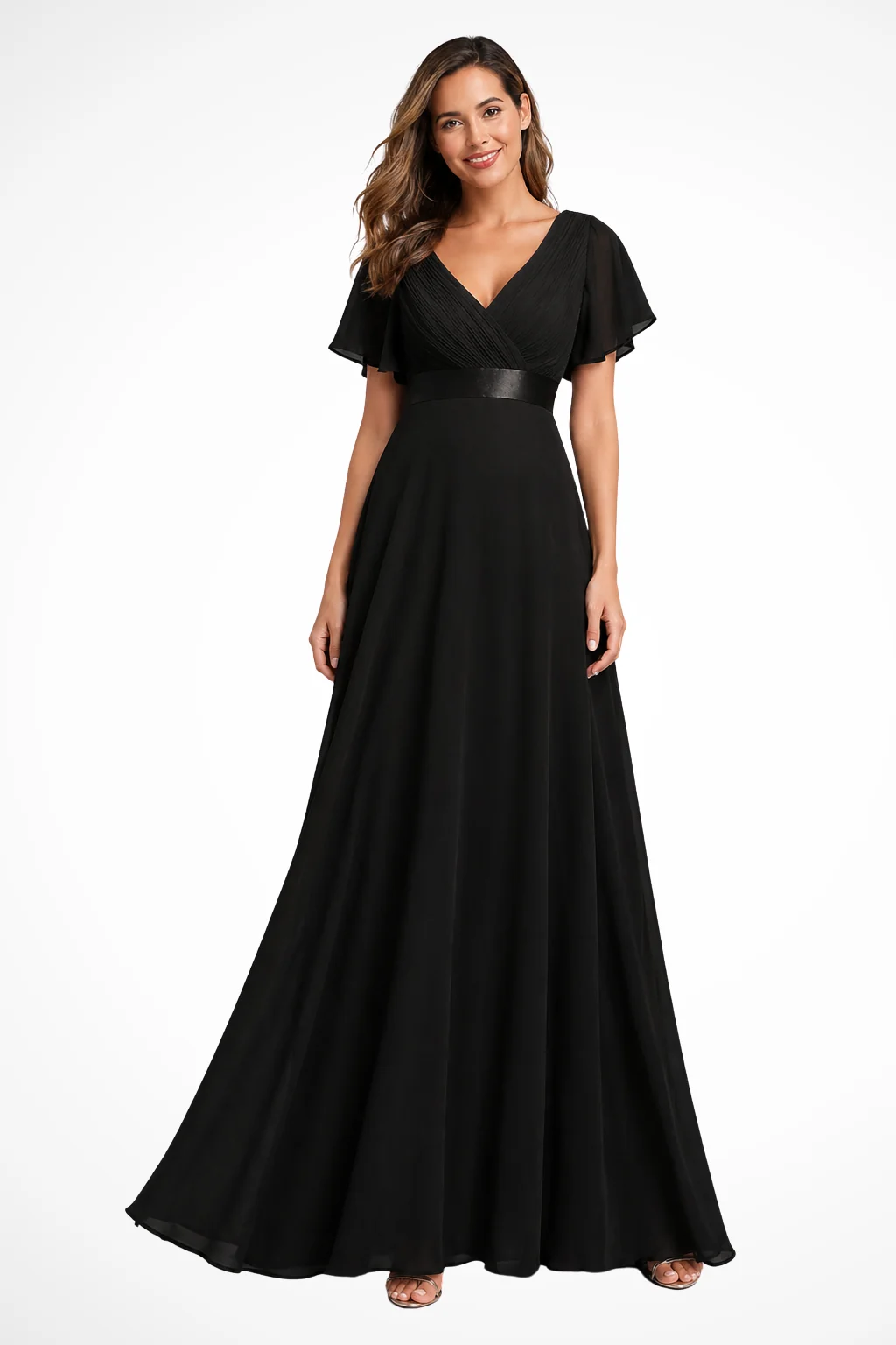 Maxikleid Damen aus Chiffon | Festliches Kleid f��r Hochzeitsg?ste mit V-Ausschnitt und Flatter?rmeln | Flie?endes Abendkleid