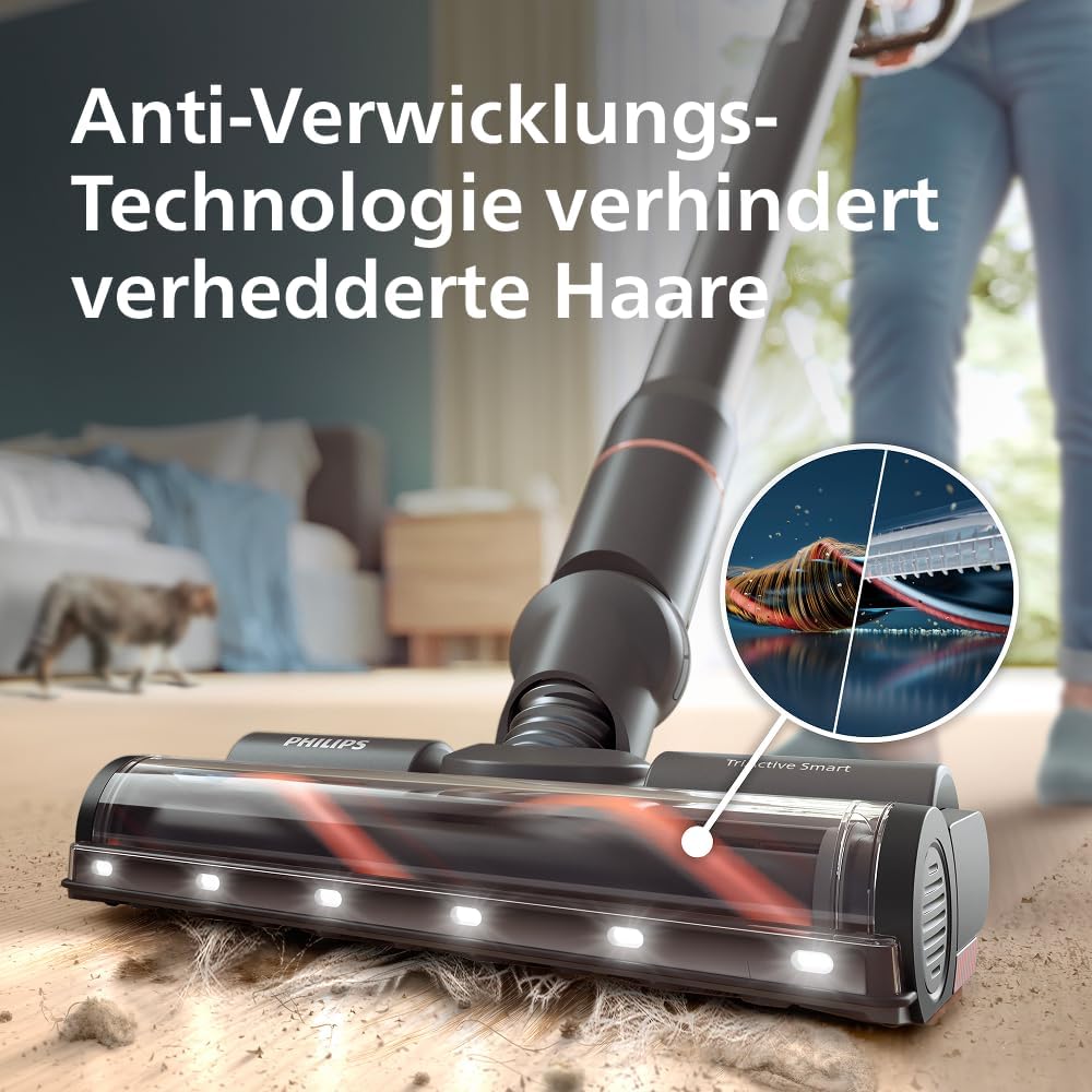 SpeedPro Max Kabelloser Stielstaubsauger 7000 Serie, Für Tierhaare, 360° Kraftvolle Saugkraft, Max. 80 Min., Verwicklungsfrei, Für Teppiche und Hartböden, 4 LED-Aufsätze (XC7065/01)