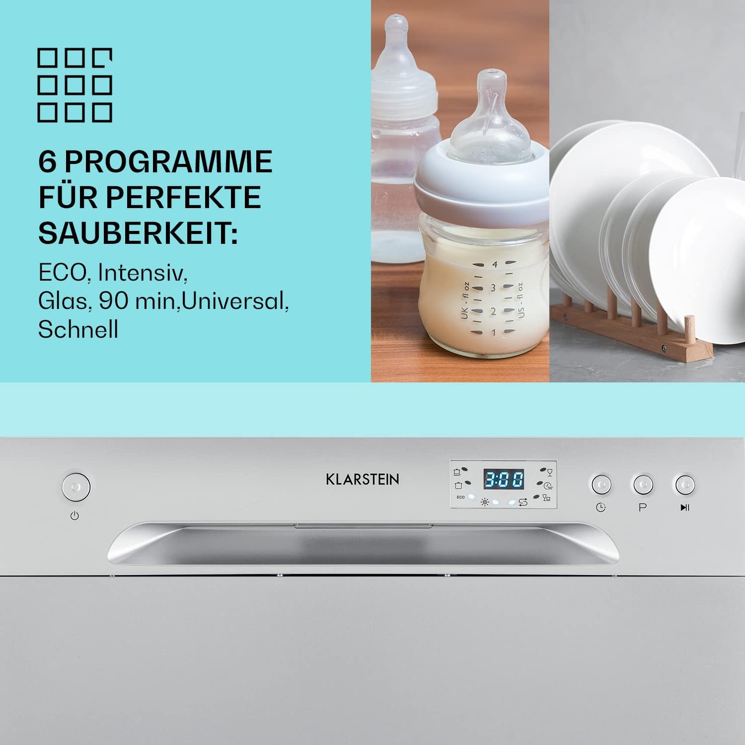Klarstein  ia 8 - Spülmaschine, Geschirrspüler, Freistehend, Teilintegriert, F, 55 cm breit, 8 Maßgedecke, 6 Programme, Aquastop, silber