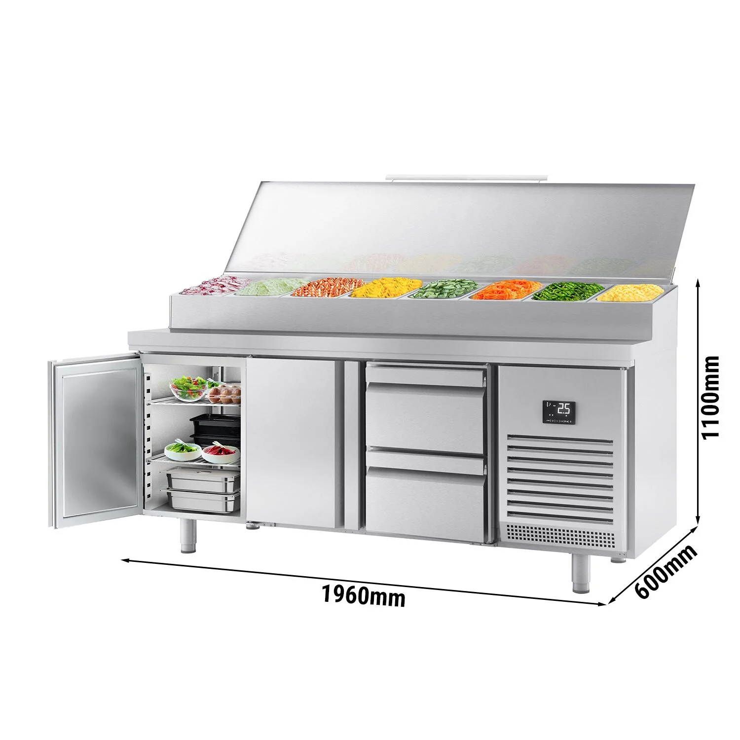Saladette - 1960x600 mm - 2 dører og 2 skuffer - med lokk - for 11x GN 1/4 beholdere