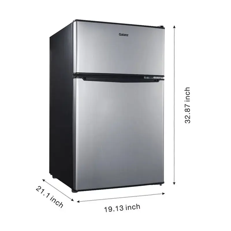 Galanz 3,1 Cu Ft Mini Koelkast met Twee Deuren en Vriezer, Roestvrij Staal, Estar, Nieuw
