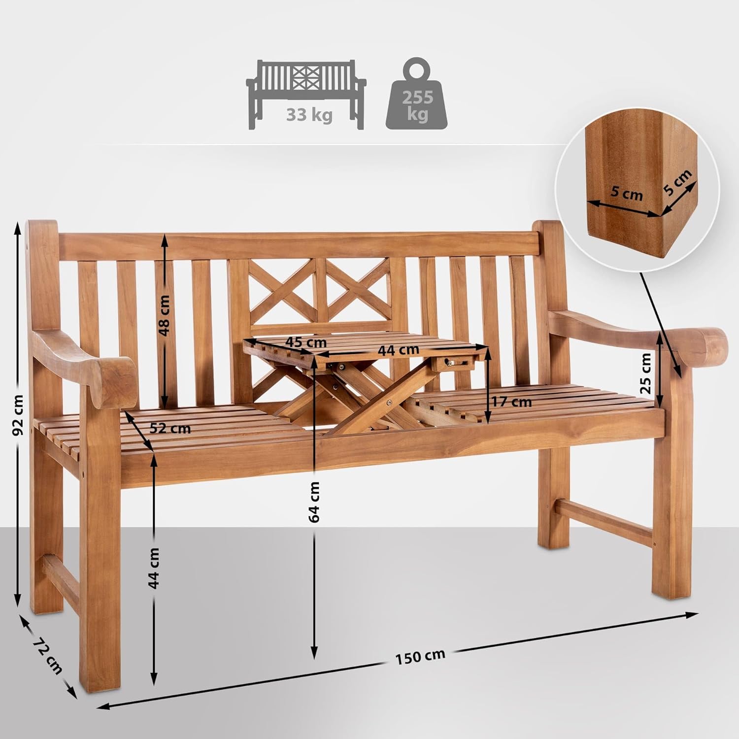 CLP Teakbank Luka I Wetterfeste Gartenbank Mit Klapp-Tisch, Farbe:Teak, Größe:150 cm