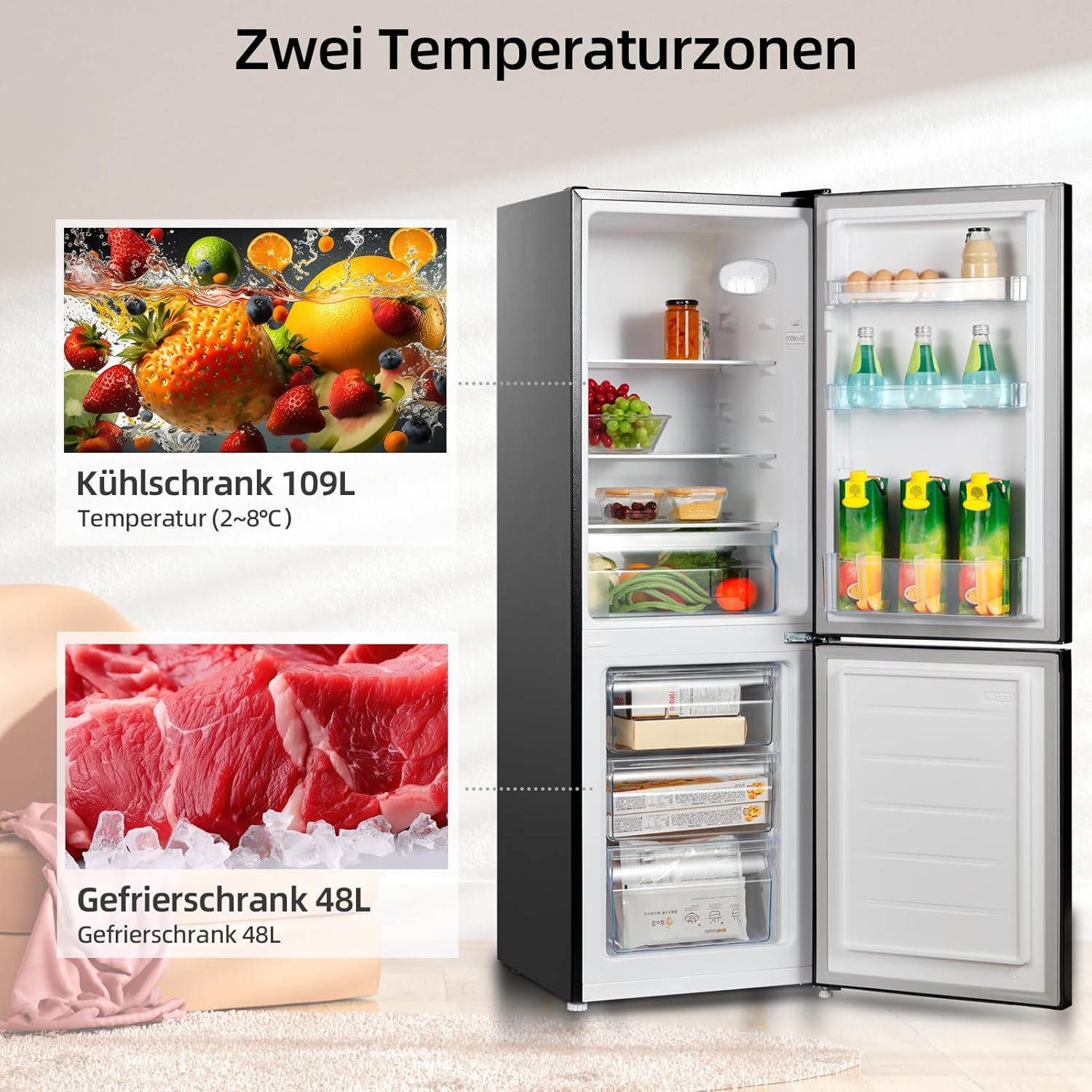CHIQ CTT107BC Kühlschrank Klein 107 Liter, Höhe 84cm, Tiefe 55cm, Platzbedarf nur 0,3 ㎡, Mikro-Gefrierfach, Vario Box, 7 Temperaturregelstufen, geräuscharm, 87 kWh/Jahr, Schwarz