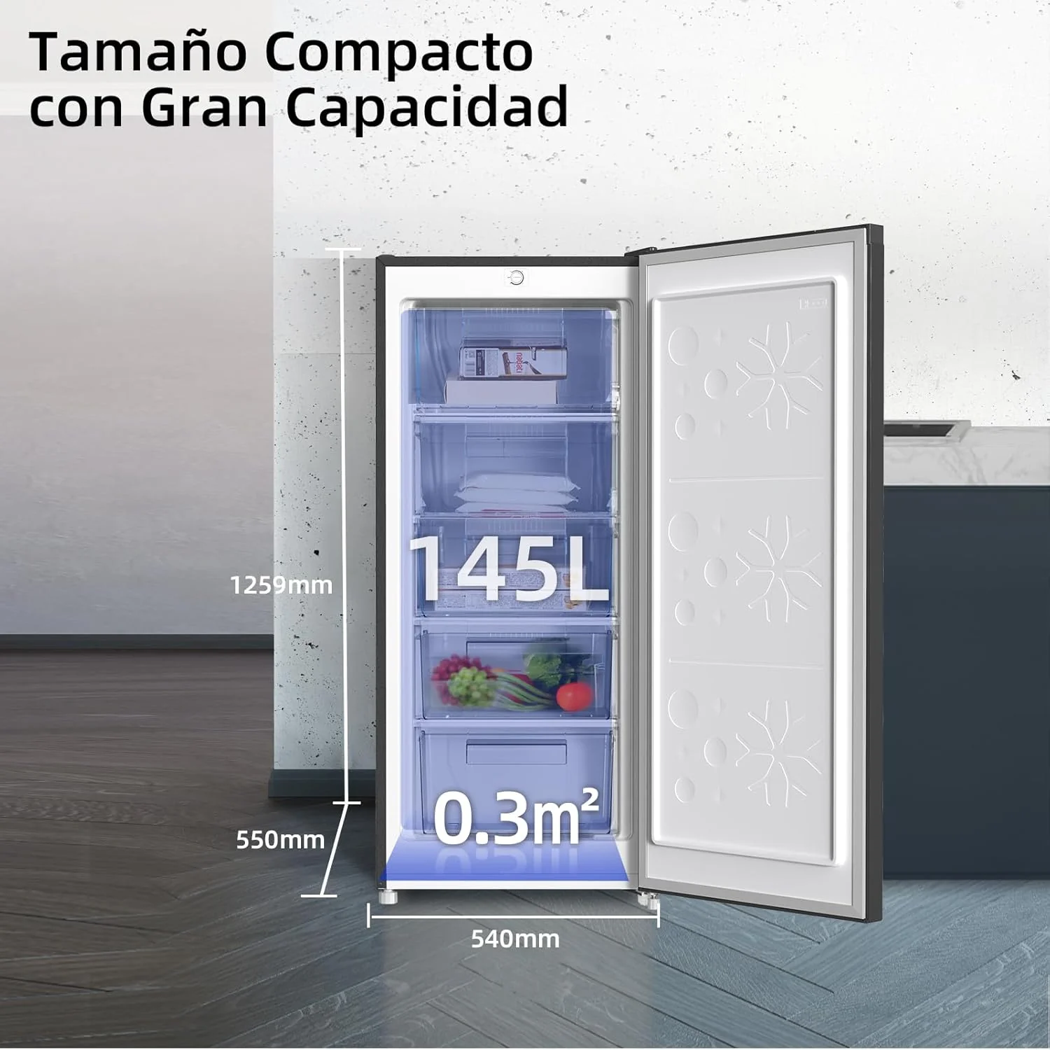Congelador vertical independiente CHiQ, 145L de capacidad, congelación rápida, termostato ajustable, silencioso, puerta reversible, negro, clasificación energética E