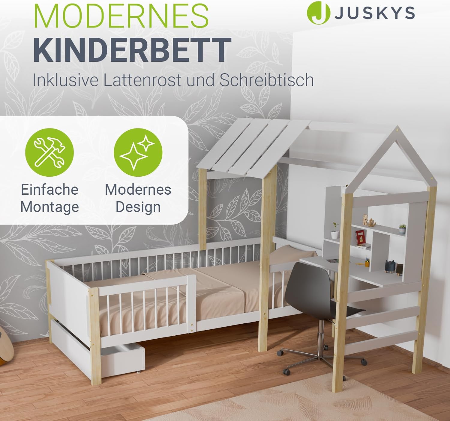Juskys Kinderbett Yari 90x200 cm - Einzelbett mit Schreibtisch & Schublade, Kiefernholz & Langlebige Materialien, Verspieltes Haus-Design - Weiß/Natur