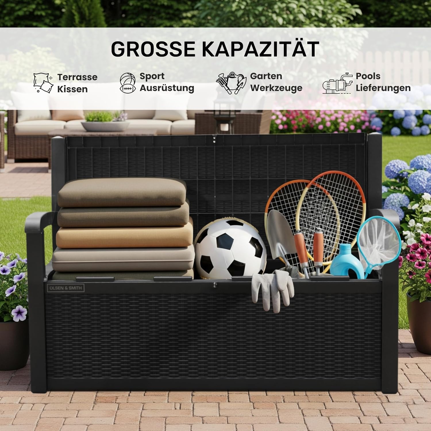 Olsen & Smith 265 Liter Gartenbank Wetterfest mit Stauraum Truhenbank Verschließbare Aufbewahrungsbox Auflagenbox Kunststoff Wetterbeständig Wasserdicht für Werkzeuge Spielzeug Decken und Mehr Schwarz