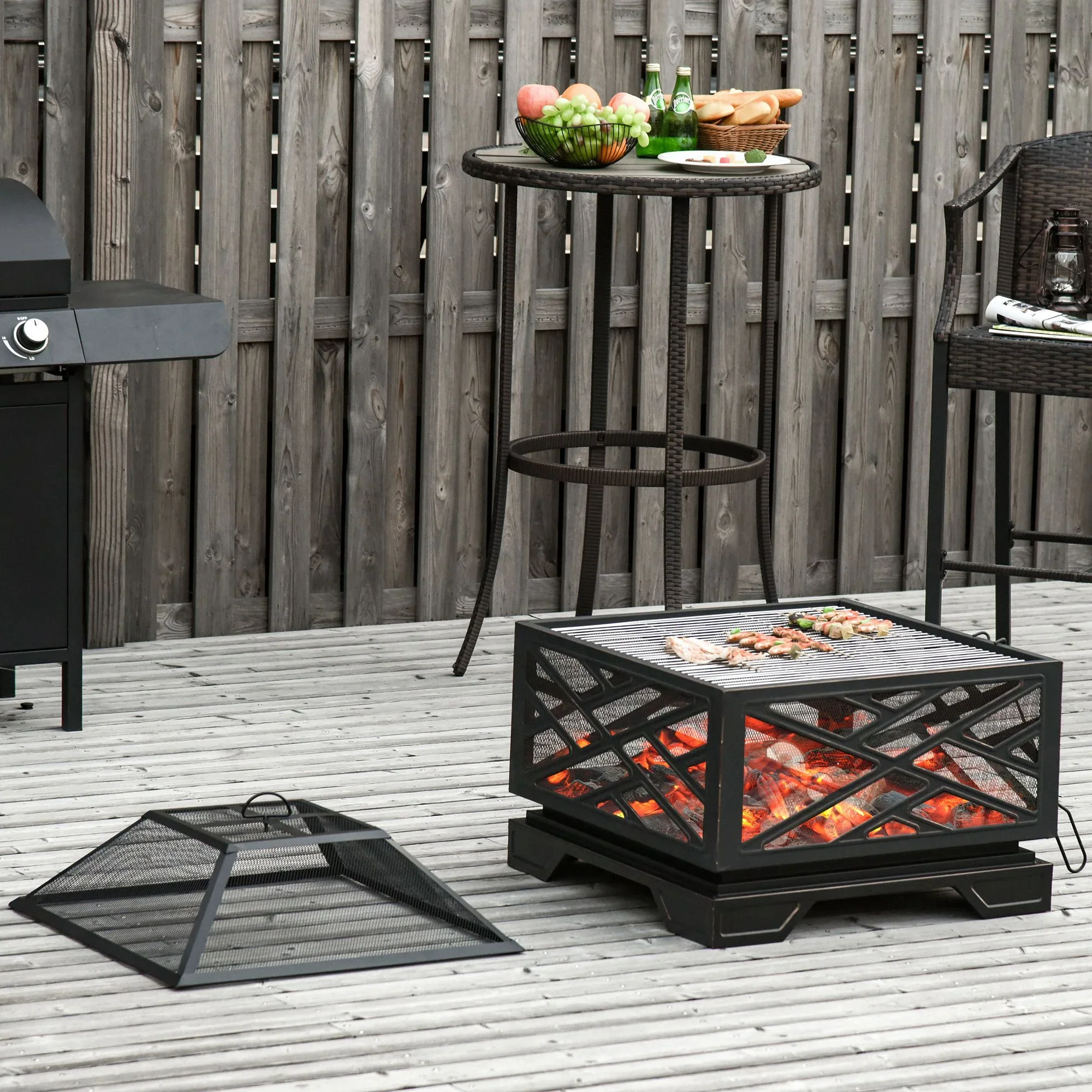 Outsunny Vuurkorf Grillfunctie draagbaar met vonkenscherm pook