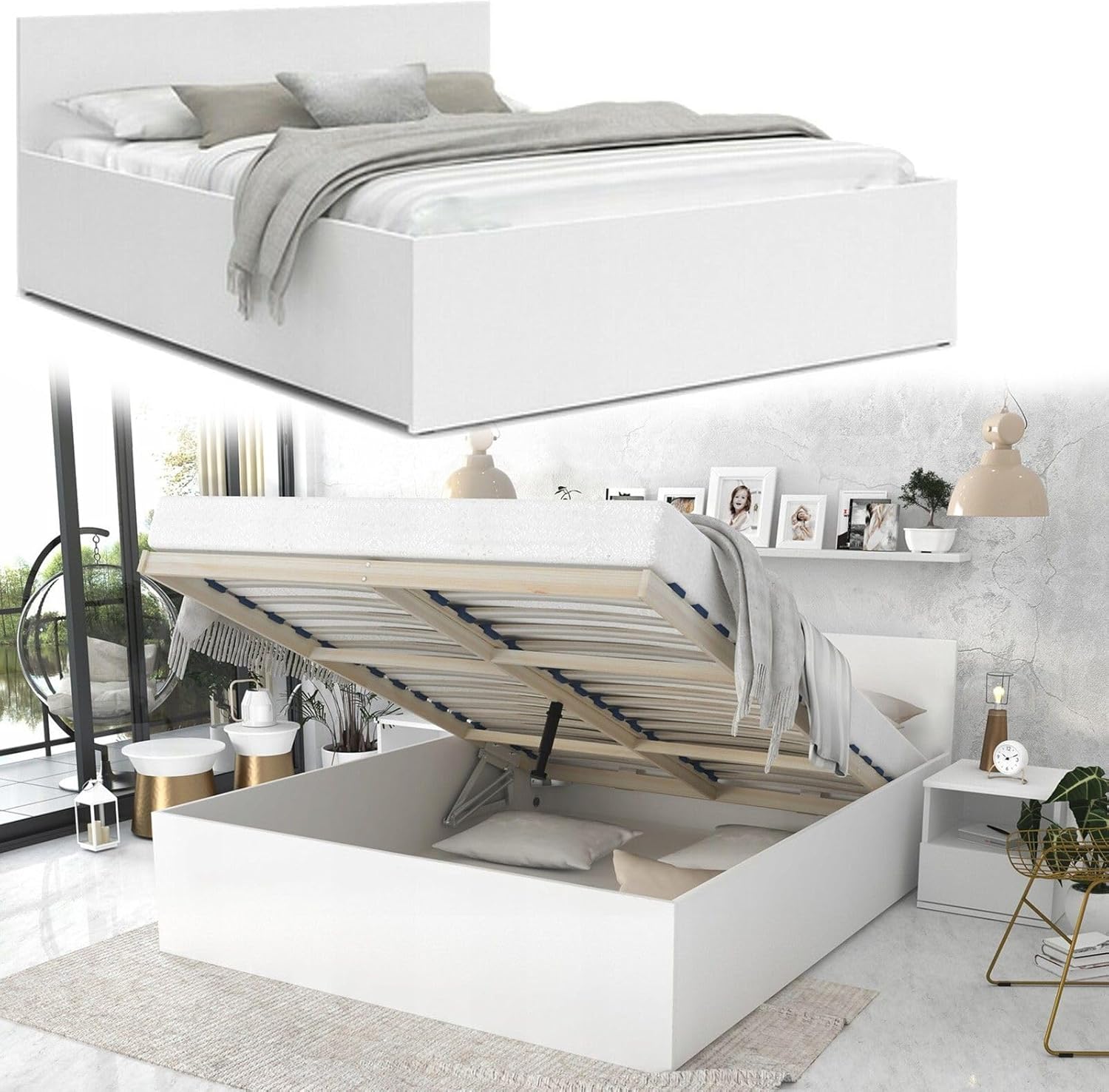 Doppelbett 180x200cm, Stauraumbett mit Bettkasten & Birkenholz Lattenrost, Robustes Bett mit Kopfteil, Bettgestell aus Schichtstoffplatte, ohne Matratze, Weiß