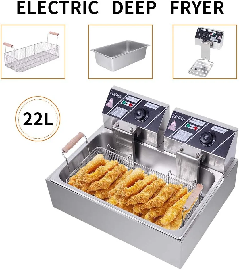 12-liter friteuse met filtermand, XL-jumbo formaat, instelbare temperatuur en timer, ideaal voor gebraden kip, garnalen, frieten, chips en meer, uitneembare oliereservoir, roestvrij staal