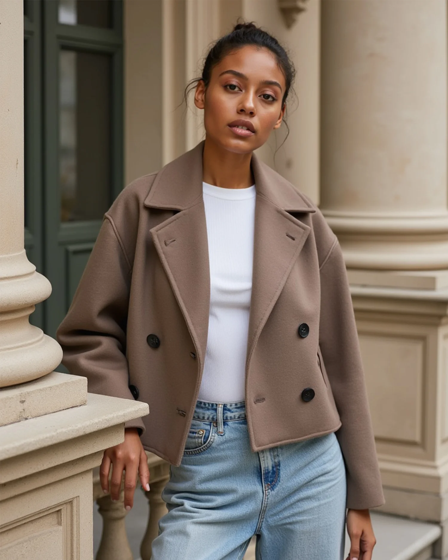 Strukturierte Kurzjacke f��r Damen mit Doppelknopfleiste