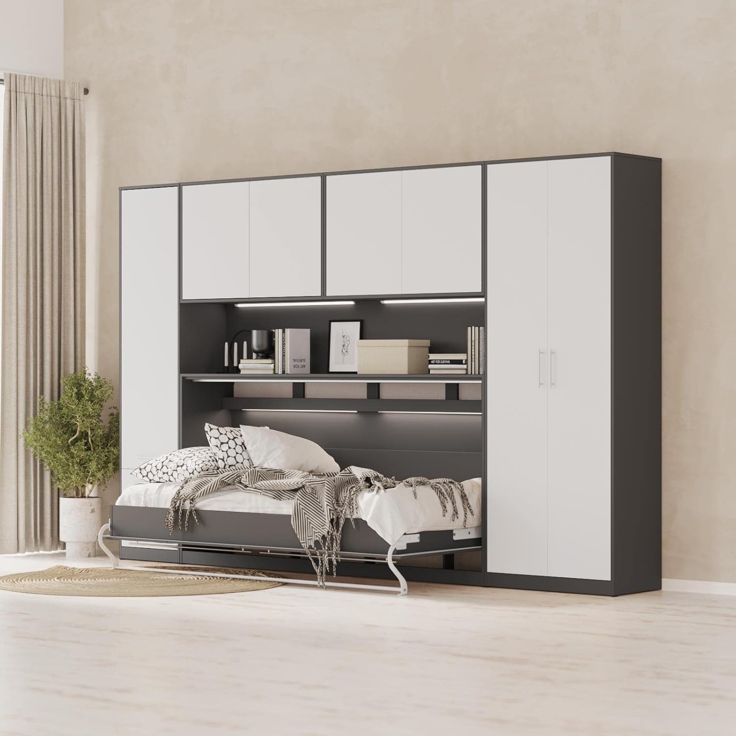 SMARTBett Wohnwand Schlafzimmer Jugendzimmer Gästezimmer Set mit Schrankbett 90x200 + 4 Schränke Anthrazit/Weiss