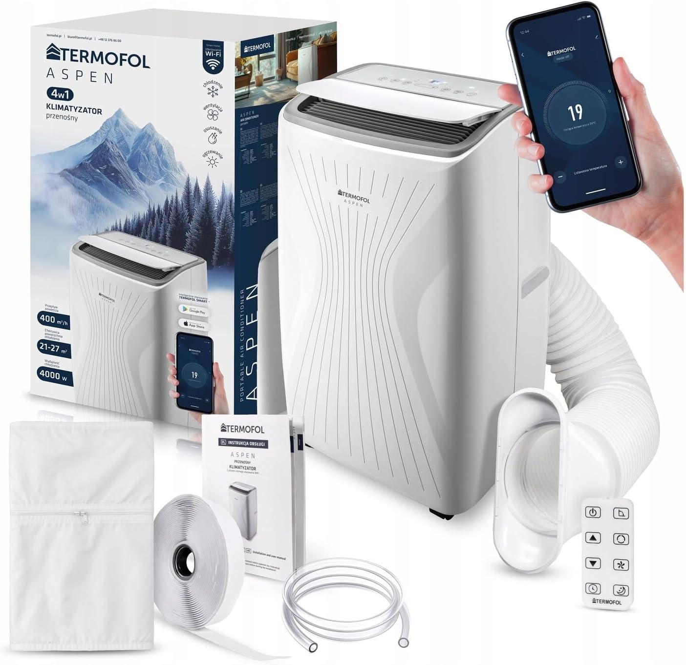 Termofol Mobile Klimaanlage ASPEN 4000W – 4in1: Klimatisierung, Luftentfeuchter, Ventilator, Heizung – WLAN Fernsteuerung – energiesparendes Smart-Home-Gerät – modernes Design – weiß