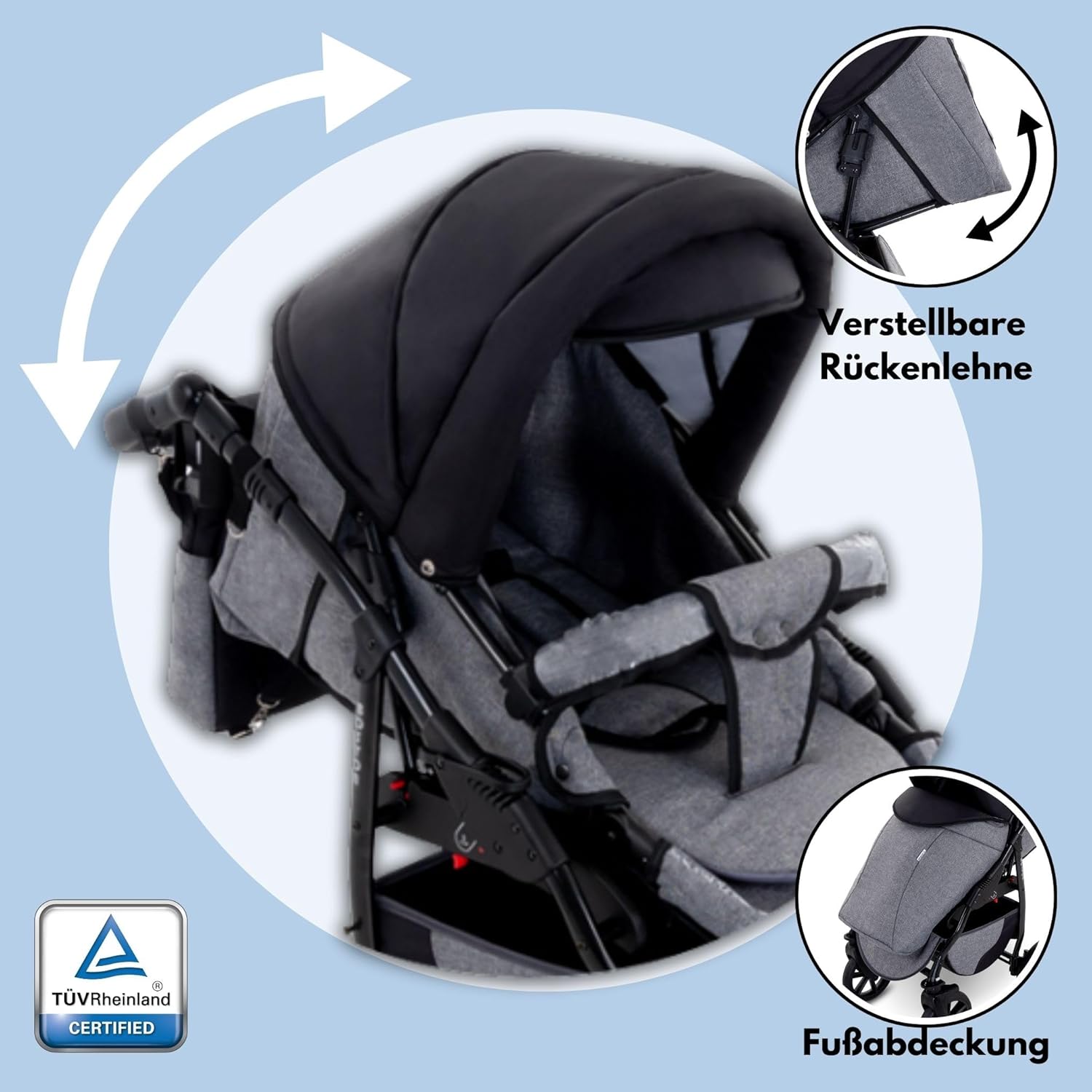 GaGaDumi Boston Kinderwagen 3 in 1 Komplettset mit Autositz - Kombikinderwagen mit großen Rädern - TÜV-zertifiziert - Baby Stroller Set - für Neugeborene und Kleinkinder Grau Jeans