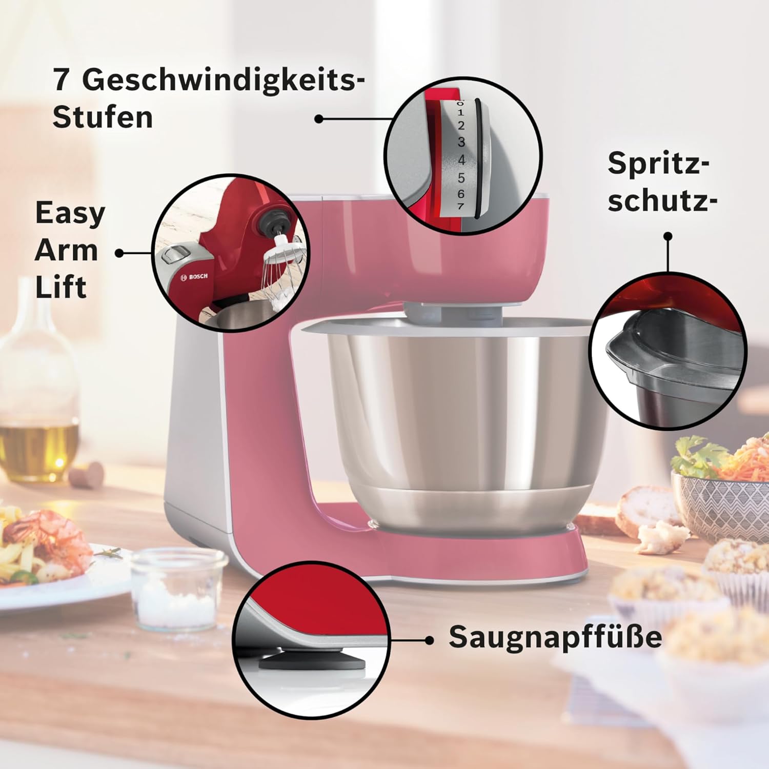 Bosch Küchenmaschine Serie 4 MUM58720,Edelstahl-Schüssel 3,9 L, Mixer 1,25 L, Planetenrührwerk,Knethaken,Schlag,Rührbesen, Durchlaufschnitzler, 3 Scheiben, 1000 W, Dunkelrot/Silber
