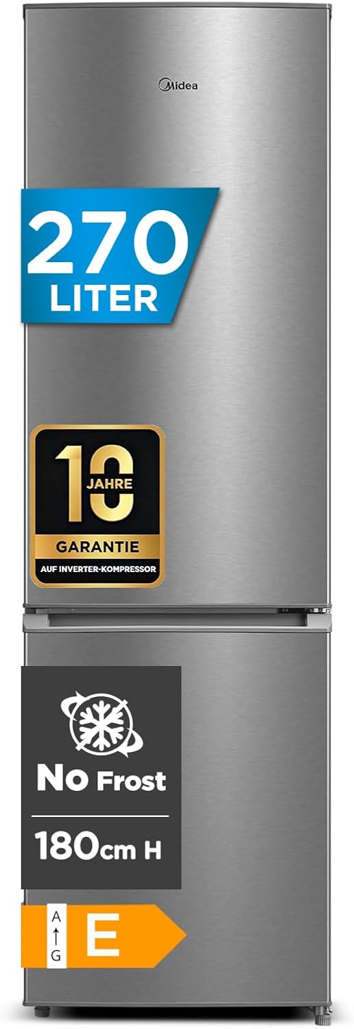 Midea Kühlschrank mit Gefrierfach MERB276FGE02A | 270L Kühl-Gefrierkombination (199L + 71L) | No Frost, All-Around Cooling | Doppelte Steuerung & Digital Control | Super-Kühl, LED | 180 cm, Edelstahl