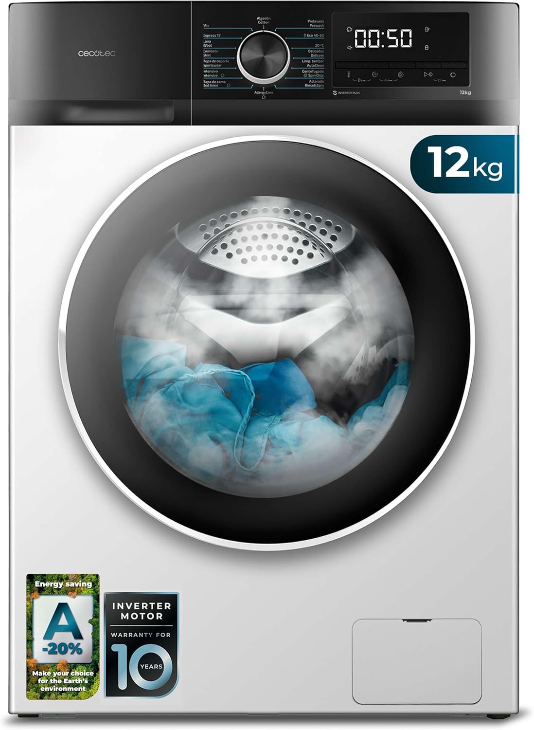 Cecotec Waschmaschine 12 kg Frontlader Bolero DressCode 12500 Inverter A, 1400 U/min, Inverter Plus Motor, 16 Progr, SteamMax, Pearl Drum, Delay Start, Drum Clean, Display, Allergy Care, Stop&Go