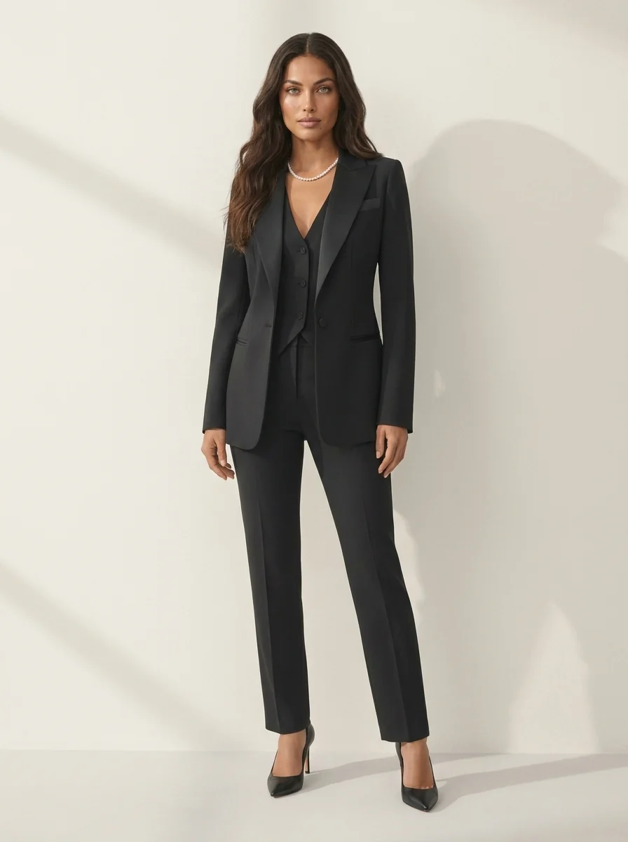 Damen Hosenanzug 3-teilig Set mit Blazer Weste und Stoffhose | Elegantes Business Outfit f��r B��ro und Events