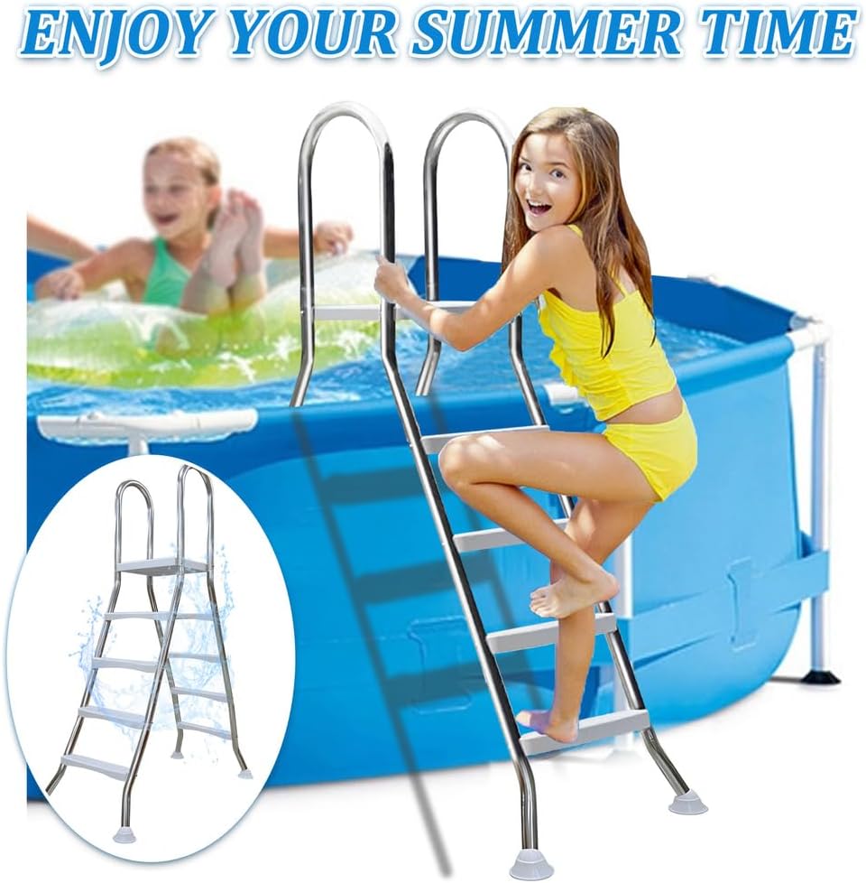 4 Stufige Poolleiter Edelstahl, Pooltreppe für Aufstellpool, Poolleiter 132 cm Poolhöhe, Pool Treppe, Poolstufen für Aufstellpools, Schwimmbadleiter Poolleitern 250 kg Tragkraft