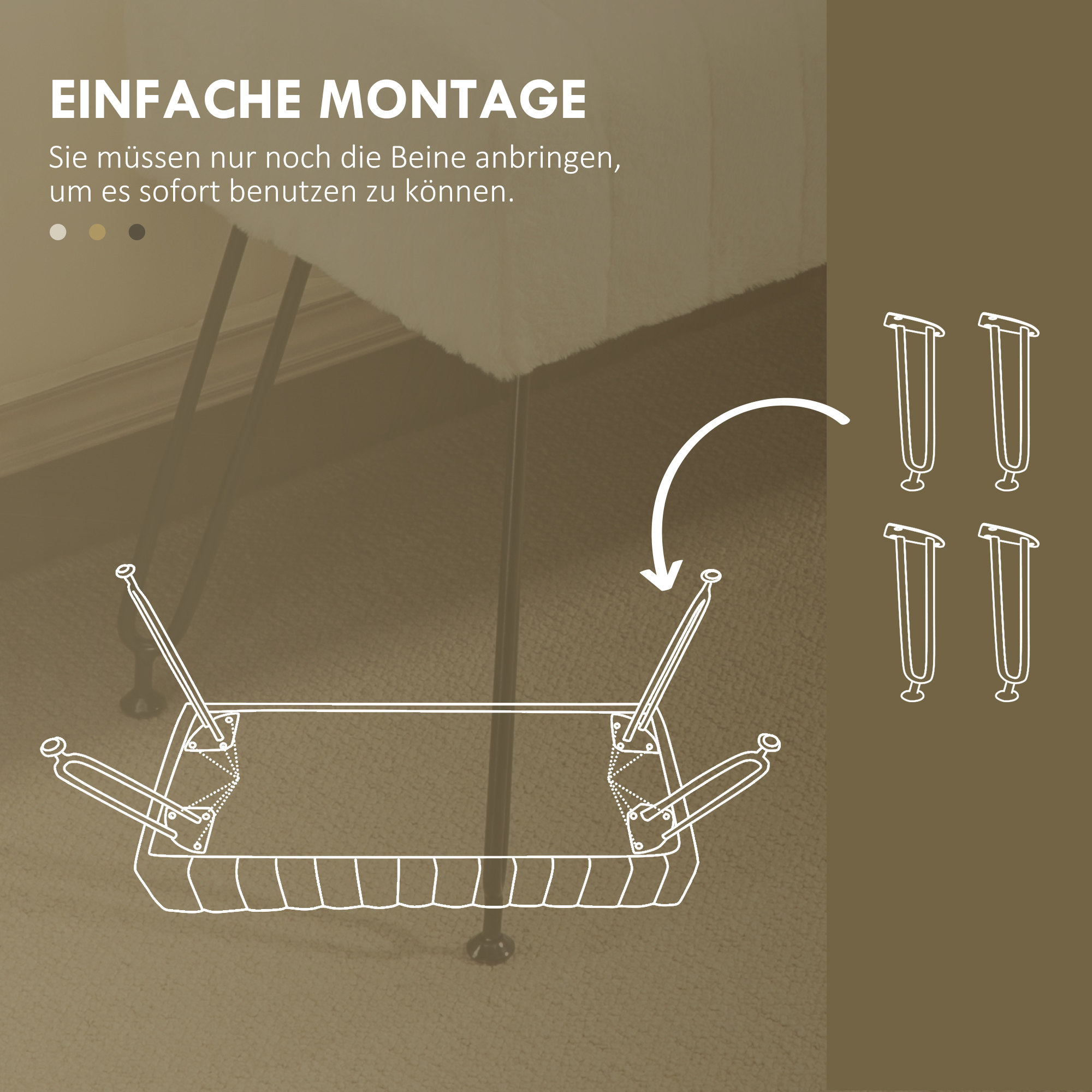 Zitbank, Gestikte Zitting, Kunstbontbekleding, Metalen Poten, tot 120 kg, 82x30x47 cm, Cr��mewit/Zwart