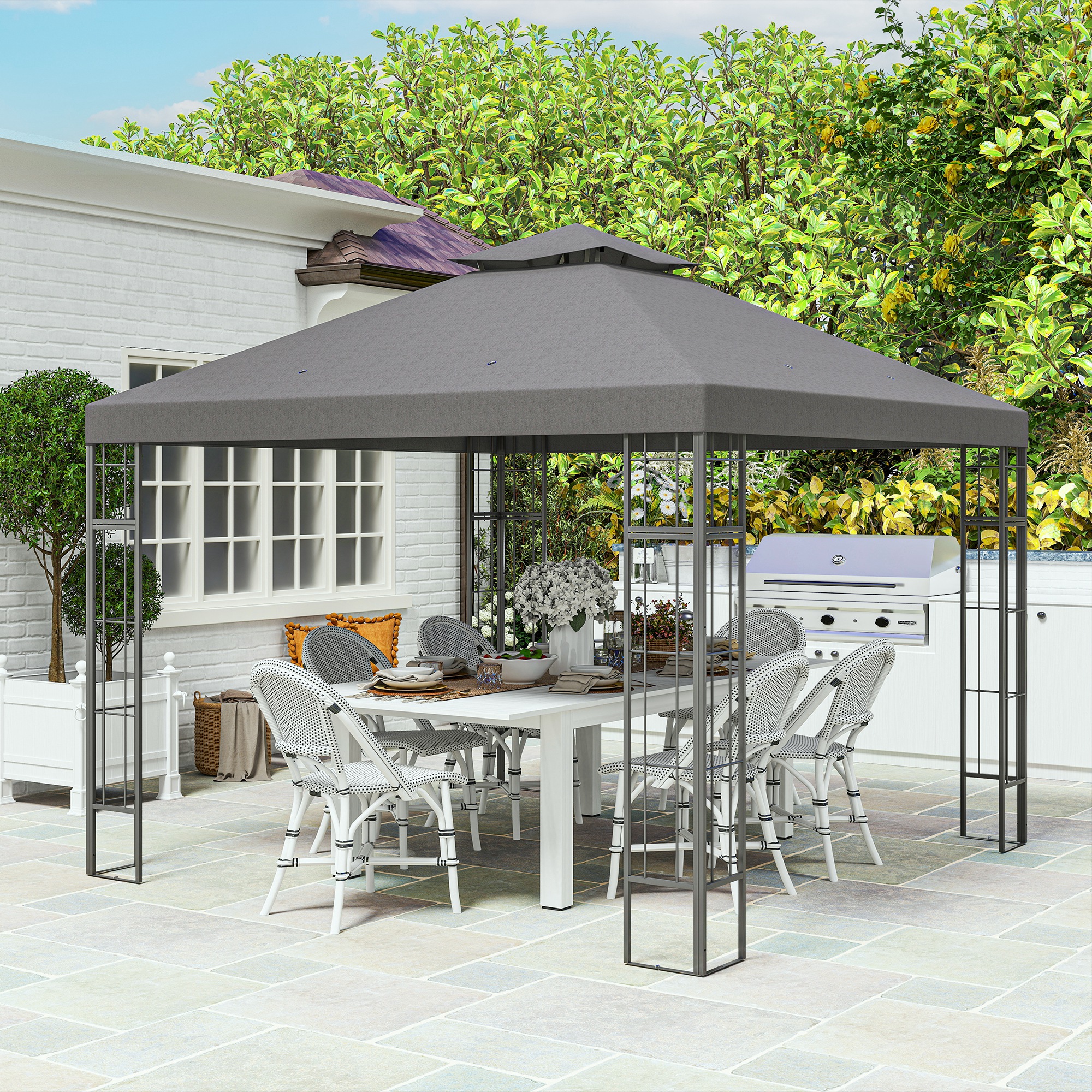 Outsunny 3 x 3 m Tuinpaviljoen, 2-Laags Dakontwerp, UV30+ Bescherming, UV-bestendig, Zonbescherming, Metalen Frame, Donkergrijs