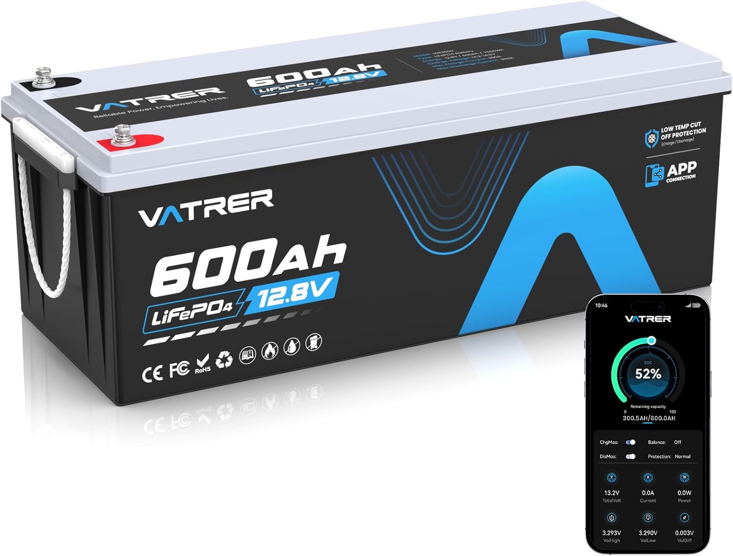 12V 600Ah LiFePO4 Lithiumbatterie mit APP-Überwachung,300A BMS,Schutz vor hohen/niedrigen Temperaturen,3840W Maximalleistung für Wohnmobile,Solar,Boote,netzunabhängige Systeme,Hausenergiespeicher