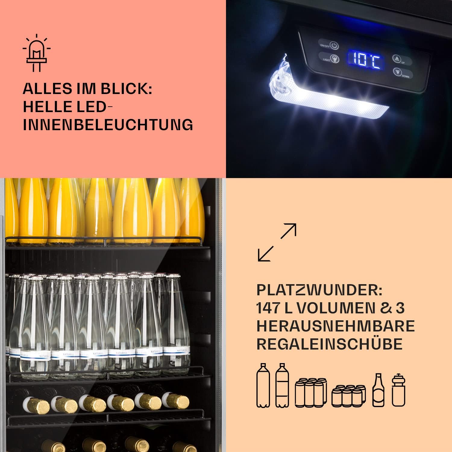 Klarstein Mini Kühlschrank mit Glastür, Mini-Kühlschrank für Zimmer, Getränkekühlschrank Klein mit Verstellbaren Ablagen, Kleiner Kühlschrank 147 Liter, Indoor/Outdoor Kühlschrank Leise