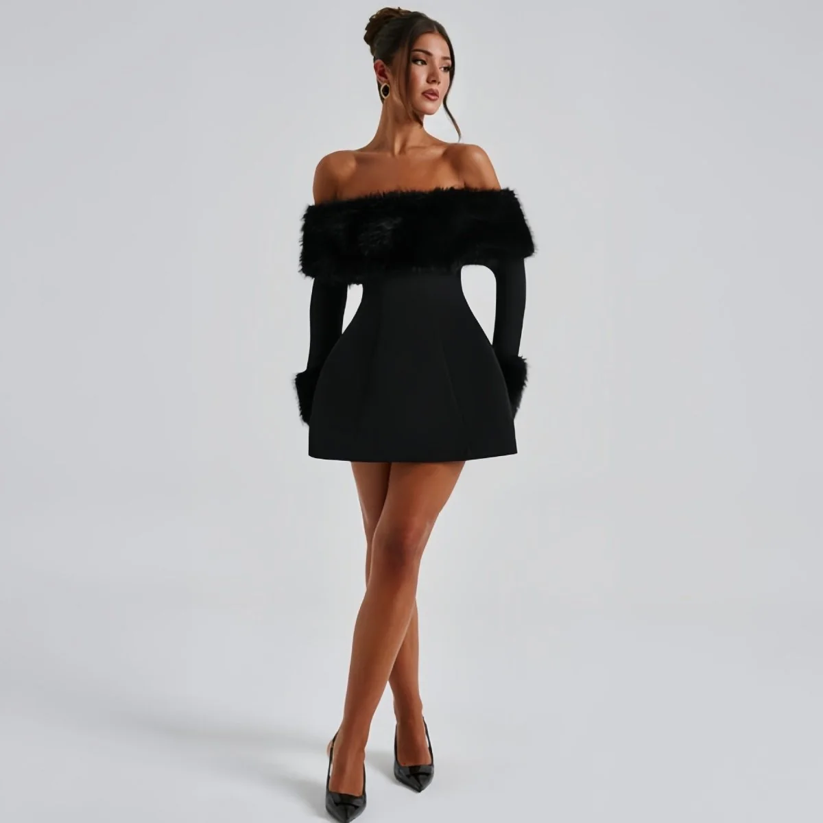 Off Shoulder Minikleid f��r Damen mit Kunstfellbesatz und elegantem Schnitt