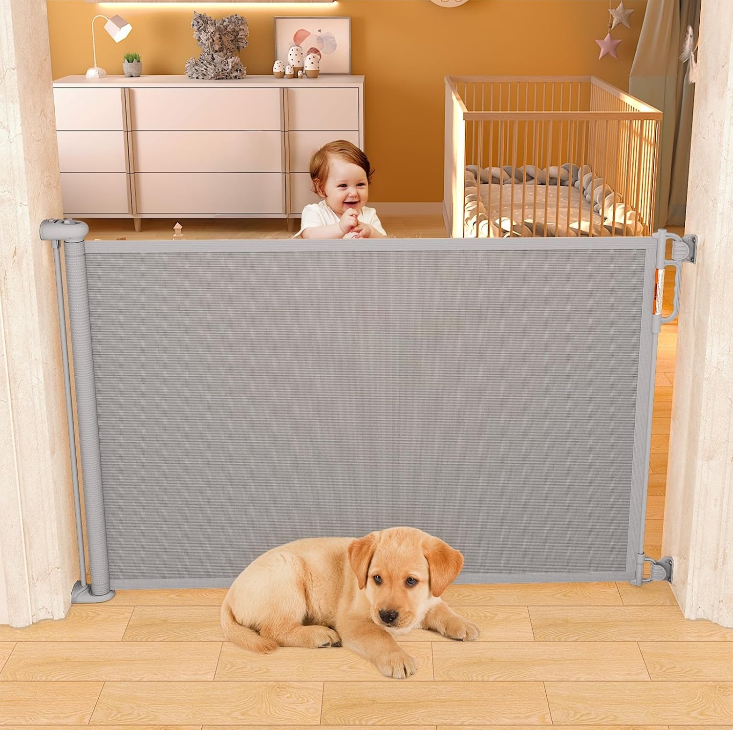 Momcozy Treppenschutzgitter Ausziehbare für Babys (Aktualisiert), 0-140 cm, 83 cm Hoch Baby Absperrgitter Treppenschutzrollo, Einhndig Bedienbar, Geeignet für Treppen/Türen/Innen & Auen, Grau
