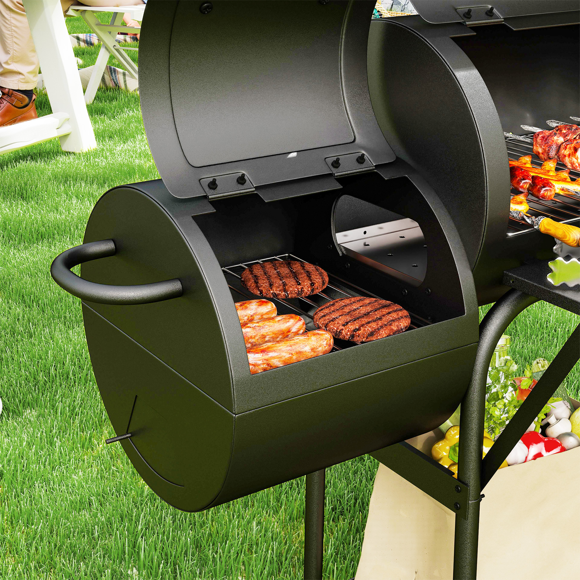 Stalen Houtskoolgrill BBQ Smoker met Deksel, Thermometer, Wielen, Luchttoevoer, Kolenbak