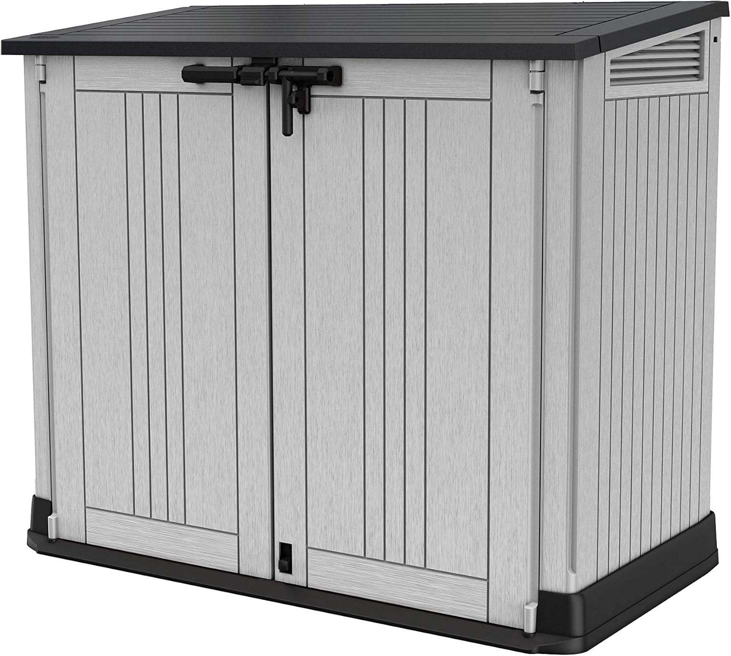 Keter Store it Out Nova Gartenschuppen für den Außenbereich, 132 x 71,5 x 113,5 cm, hellgrau mit dunkelgrauem Deckel