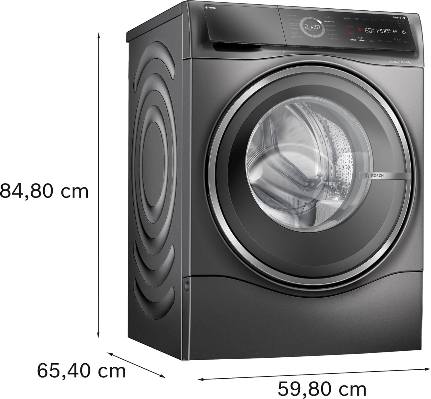 Bosch WNC254AS0, Serie 8, Smarter Waschtrockner, 10.5 kg Waschen  und  6 kg Trocknen, 1400 UpM, i-Dos intelligente Waschmittel-Dosierung, entfernt 16 Fleckenarten, IronAssist mit Dampffunktion, AutoDry
