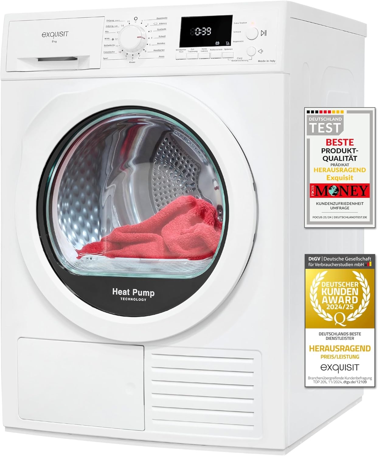 Exquisit Wärmepumpentrockner 9kg - leise Trocknung mit Knitterschutz, digitaler Anzeige & Schuhtray - TWP903-410 weiss