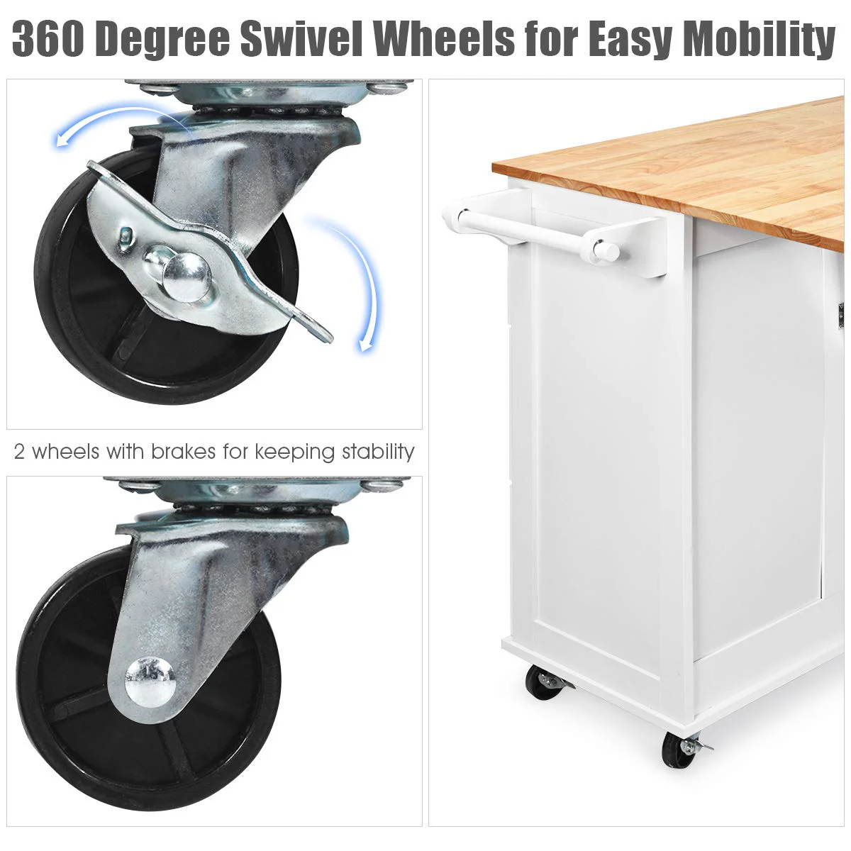 Giantex Kitchen Island Cart, Large Trolley Cart w/ Drop-Leaf Tabletop, Large Cabinet, 3 Drawers, Spice Rack, Towel Rack, Rolling Serving Trolley Cabinet