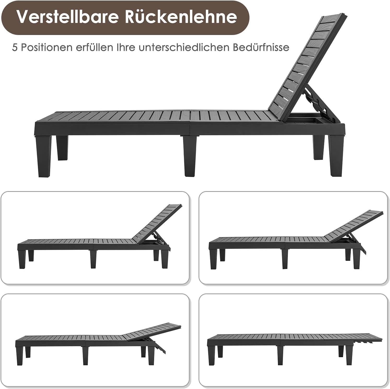 COSTWAY 2er Set Sonnenliege Kunststoff wetterfest, Gartenliege mit Verstellbarer Rückenlehne, Balkonliege, Terrassenliege Holzoptik, Liegestuhl bis 180 kg belastbar für Garten, Terrasse, Schwarz